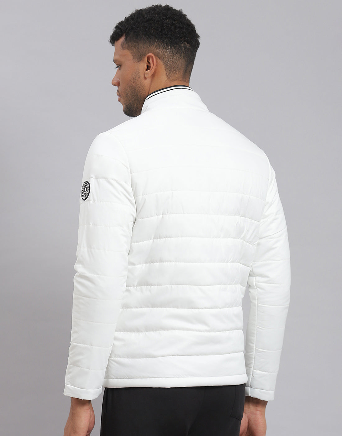 Men White Solid Stand Collar Full Sleeve Jacket