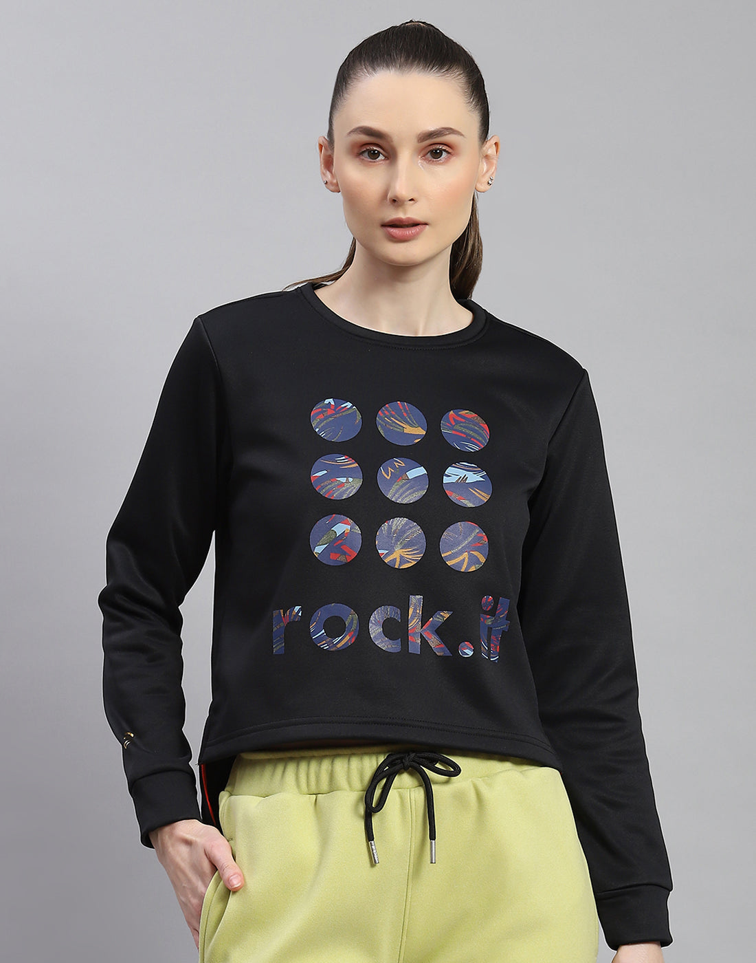Rock.it Women Black Printed Round Neck Full Sleeve Sweatshirt