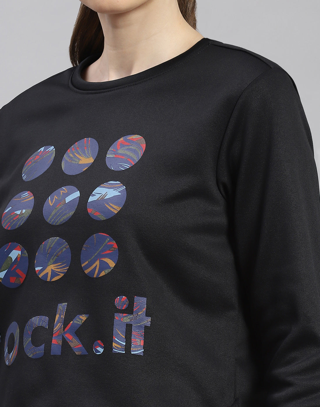 Rock.it Women Black Printed Round Neck Full Sleeve Sweatshirt