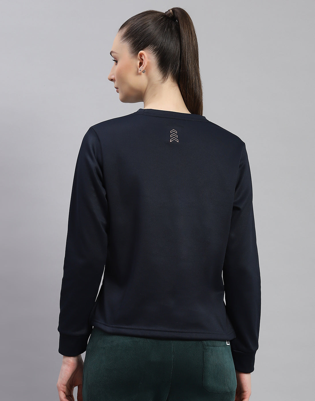 Women Navy Blue Printed Round Neck Full Sleeve Sweatshirt