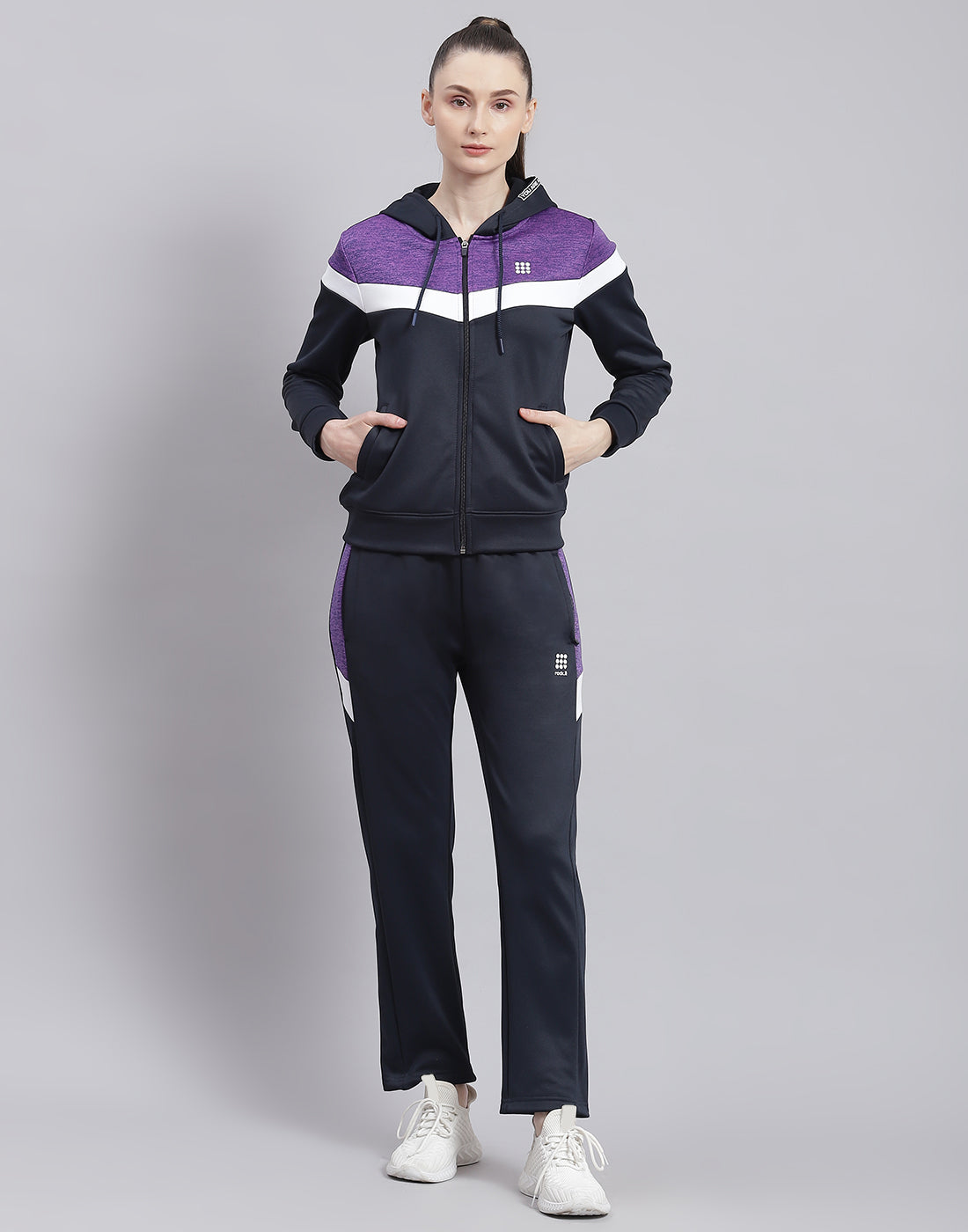 Rock.it Women Navy Blue Solid Hooded Full Sleeve Tracksuit