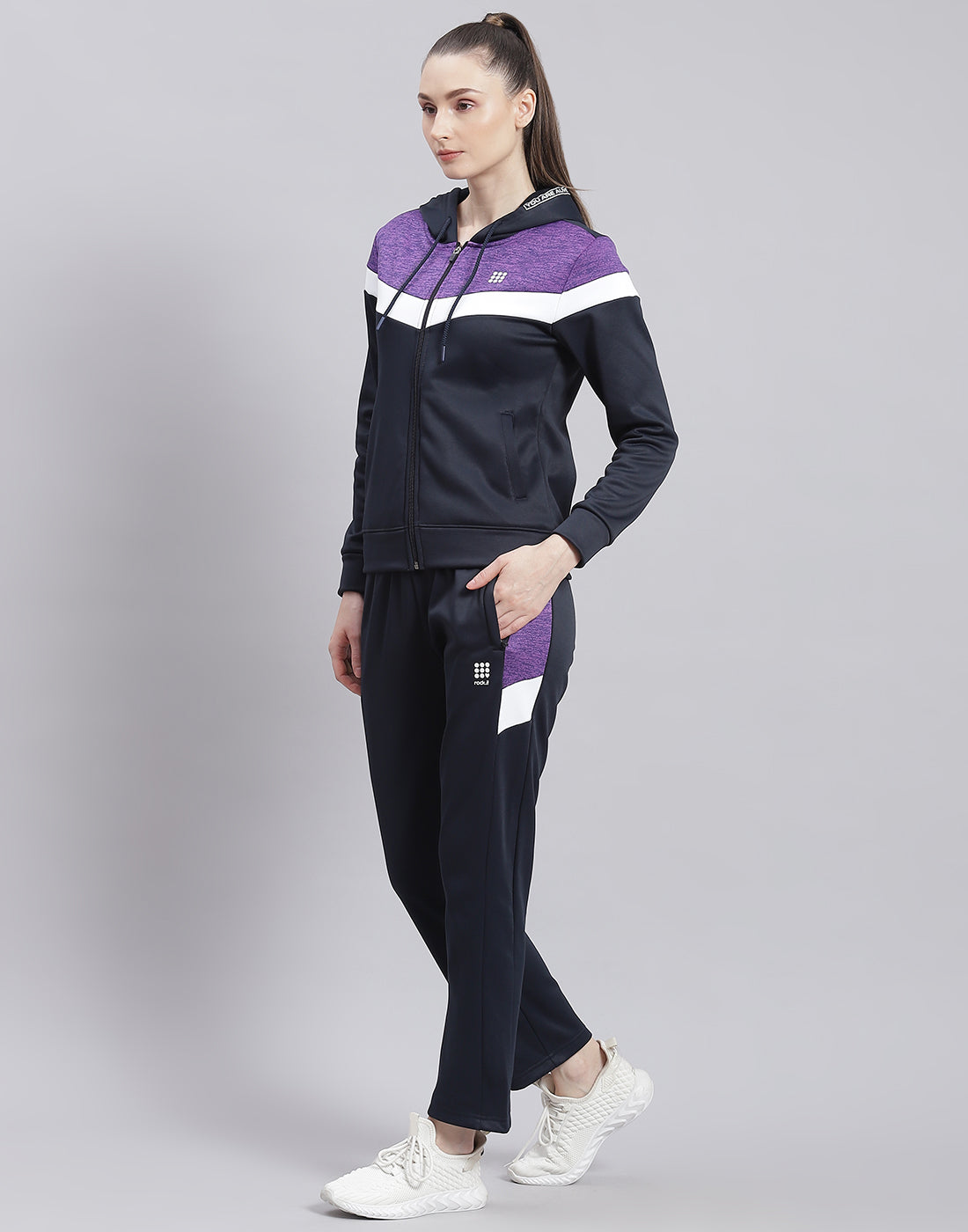 Women Navy Blue Solid Hooded Full Sleeve Tracksuit