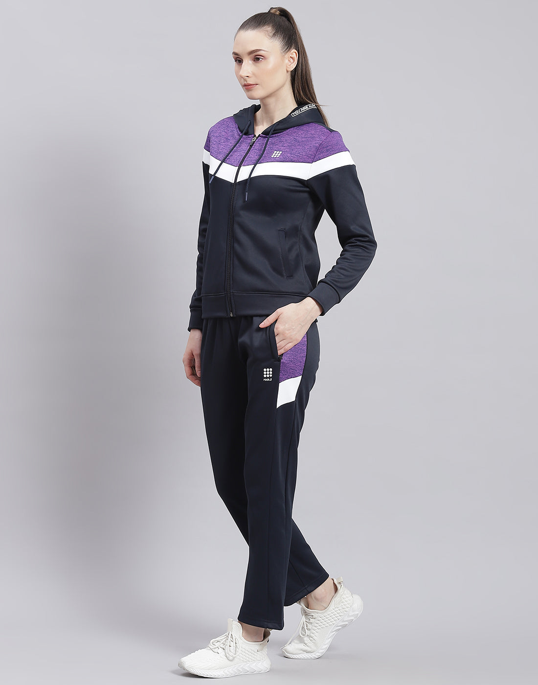 Rock.it Women Navy Blue Solid Hooded Full Sleeve Tracksuit