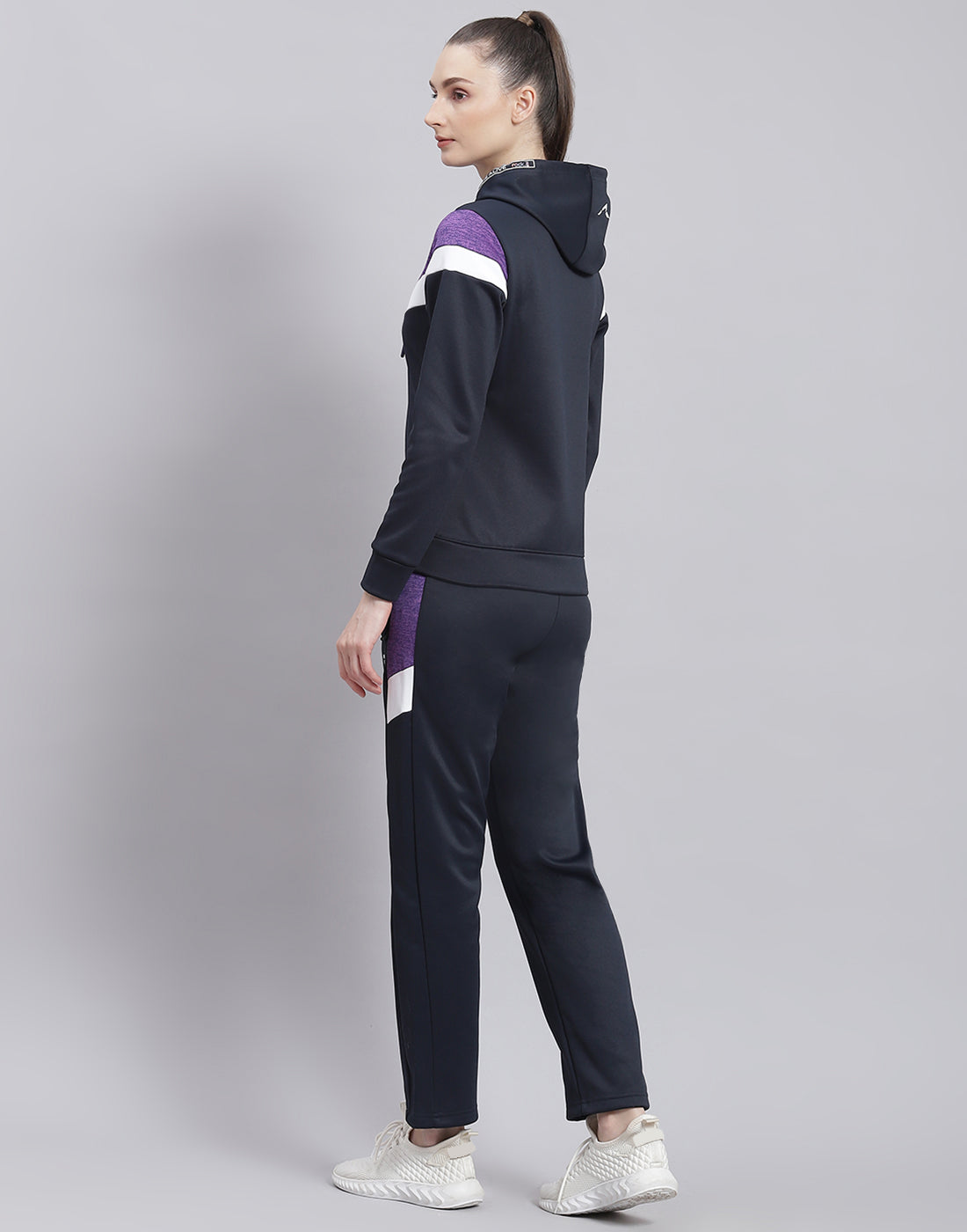 Women Navy Blue Solid Hooded Full Sleeve Tracksuit