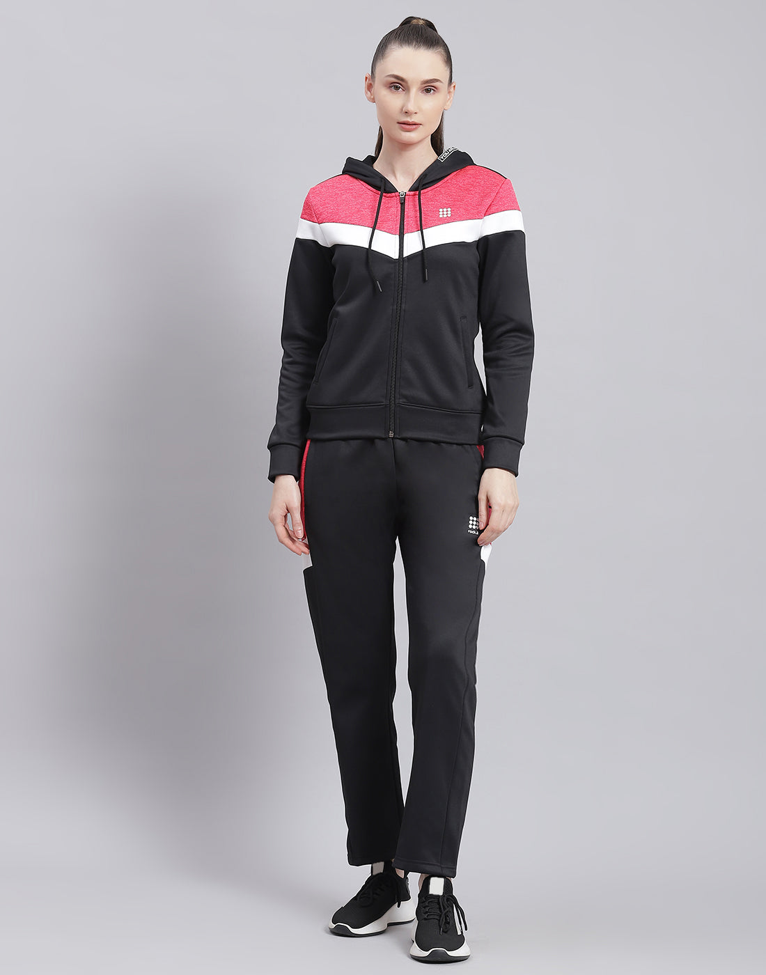 Rock.it Women Black Solid Hooded Full Sleeve Tracksuit