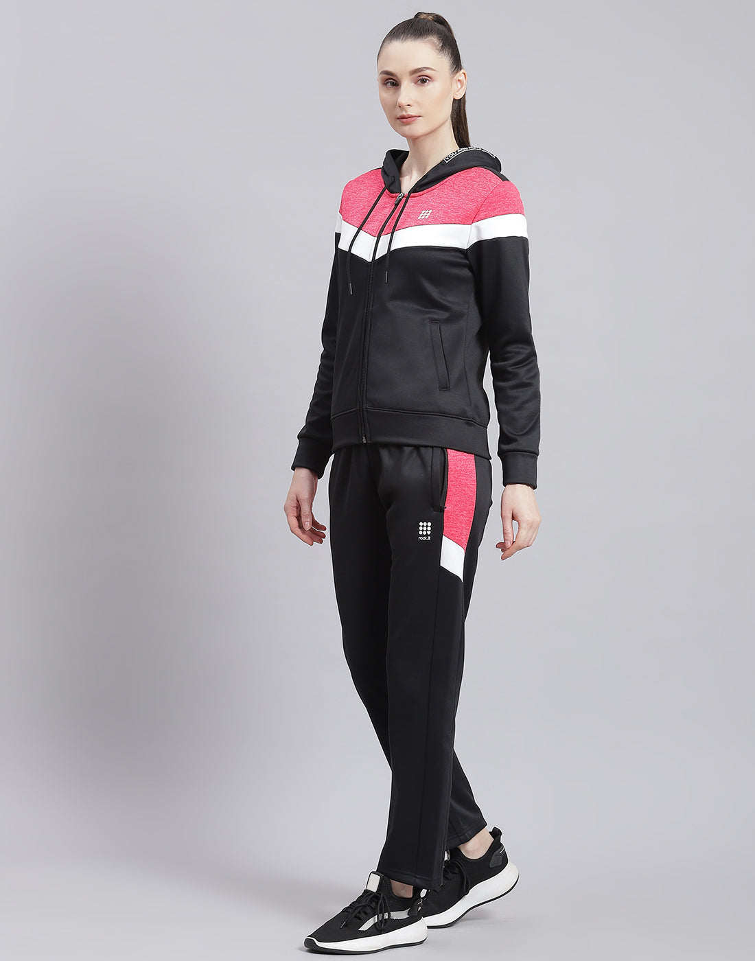 Rock.it Women Black Solid Hooded Full Sleeve Tracksuit