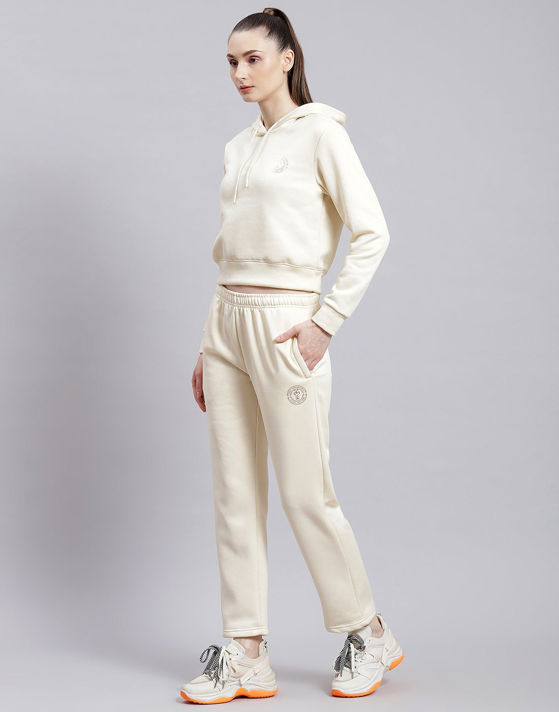 Rock.it Women Cream Solid Hooded Full Sleeve Cords Set