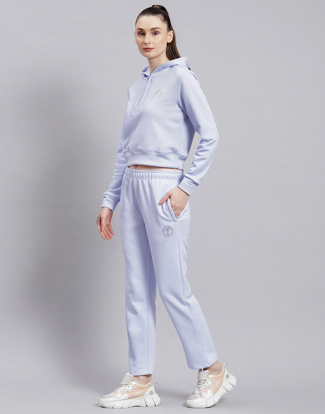Women Blue Solid Hooded Full Sleeve Tracksuit