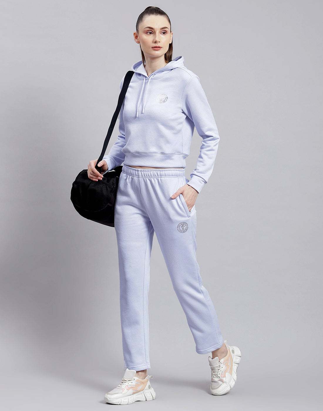 Women Blue Solid Hooded Full Sleeve Tracksuit