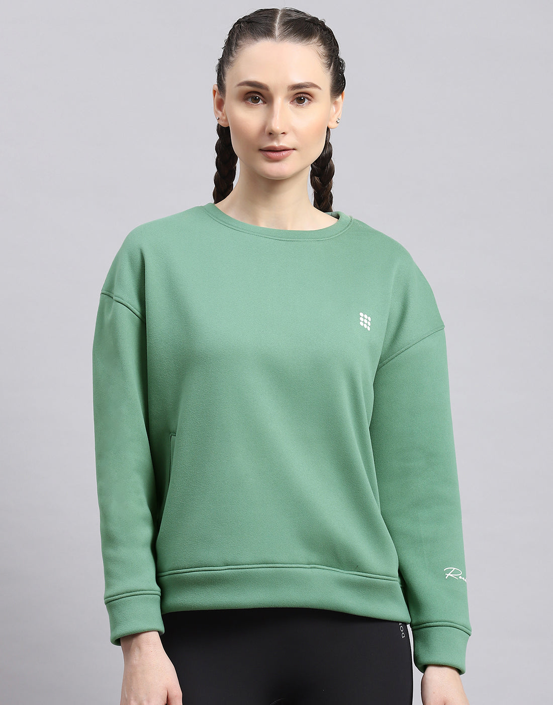 Rock.it Women Green Solid Round Neck Full Sleeve Sweatshirt