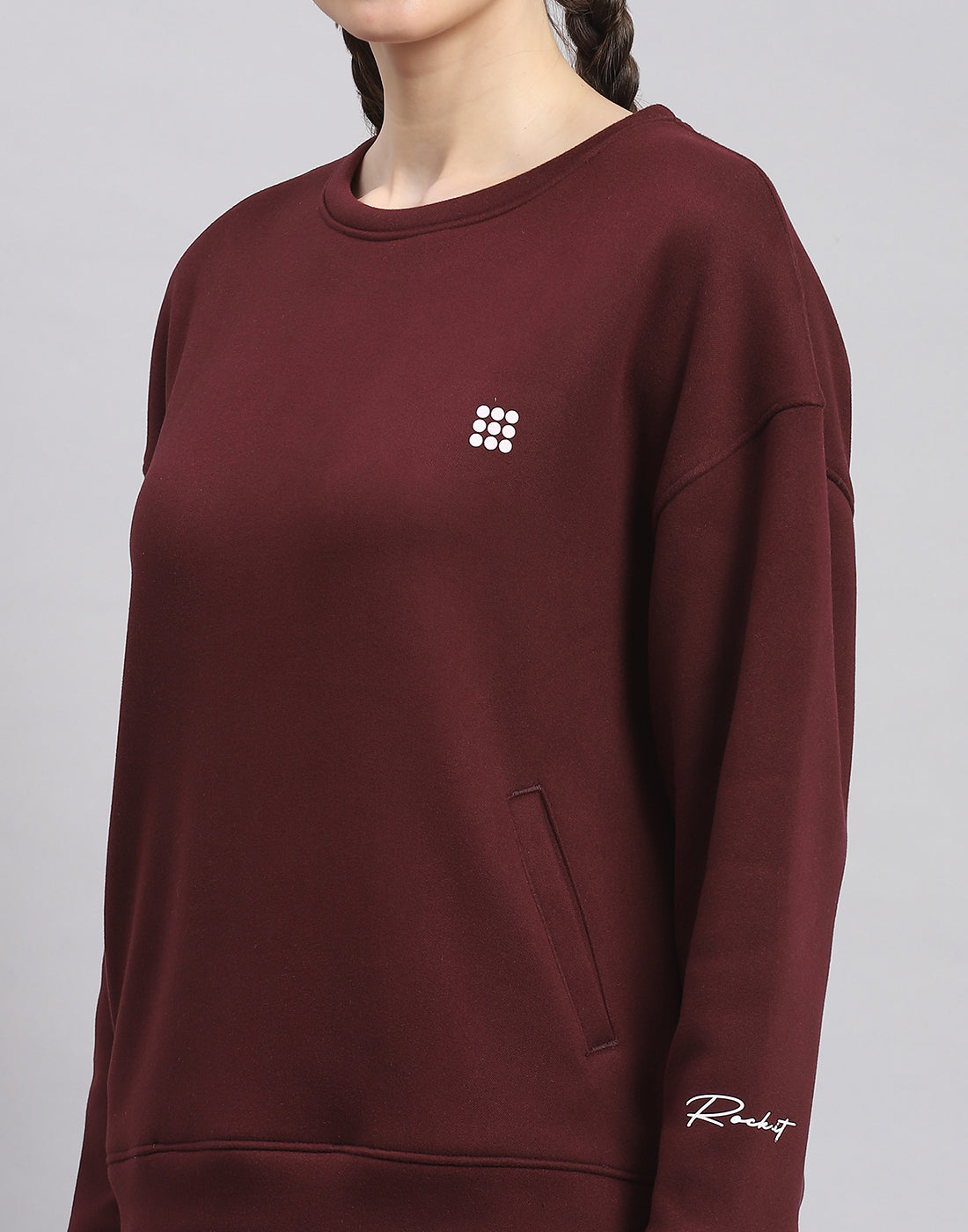 Rock.it Women Maroon Solid Round Neck Full Sleeve Sweatshirt