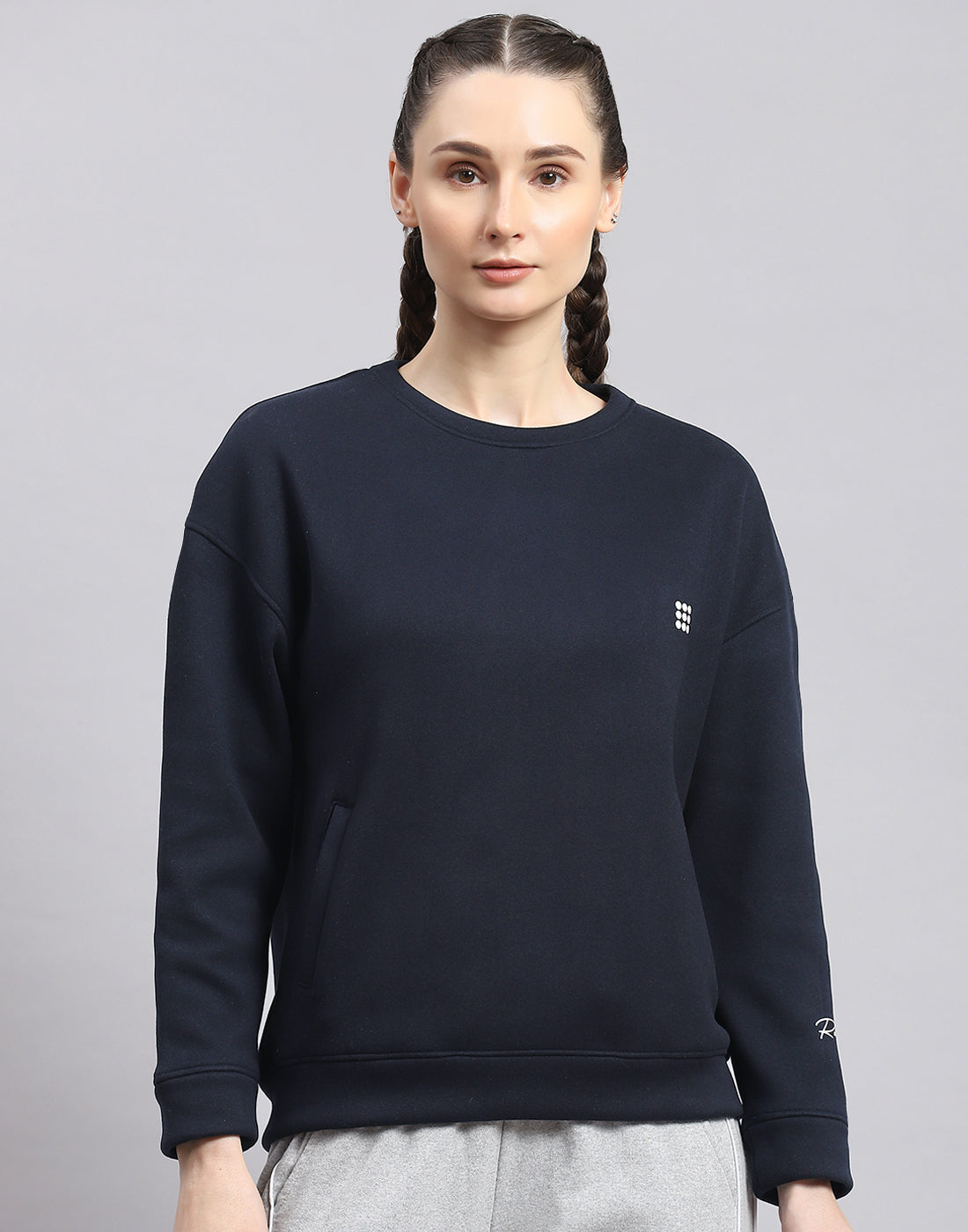 Rock.it Women Navy Blue Solid Round Neck Full Sleeve Sweatshirt
