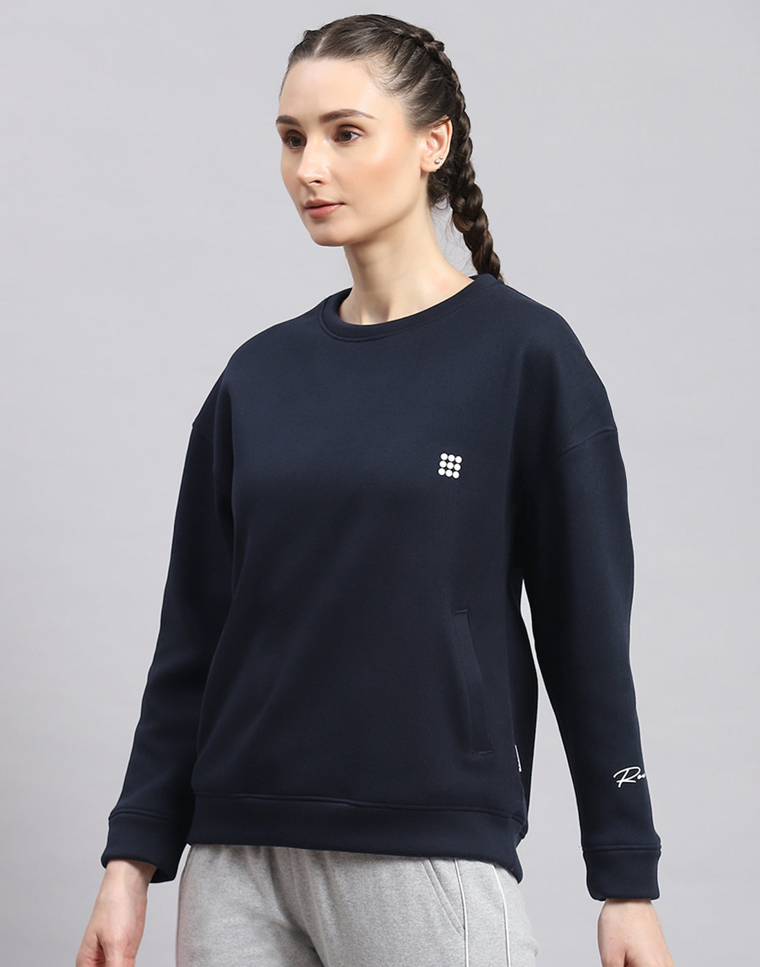 Rock.it Women Navy Blue Solid Round Neck Full Sleeve Sweatshirt