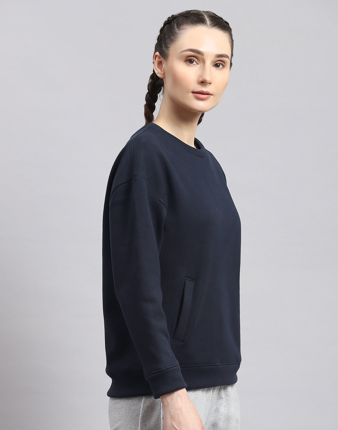 Rock.it Women Navy Blue Solid Round Neck Full Sleeve Sweatshirt