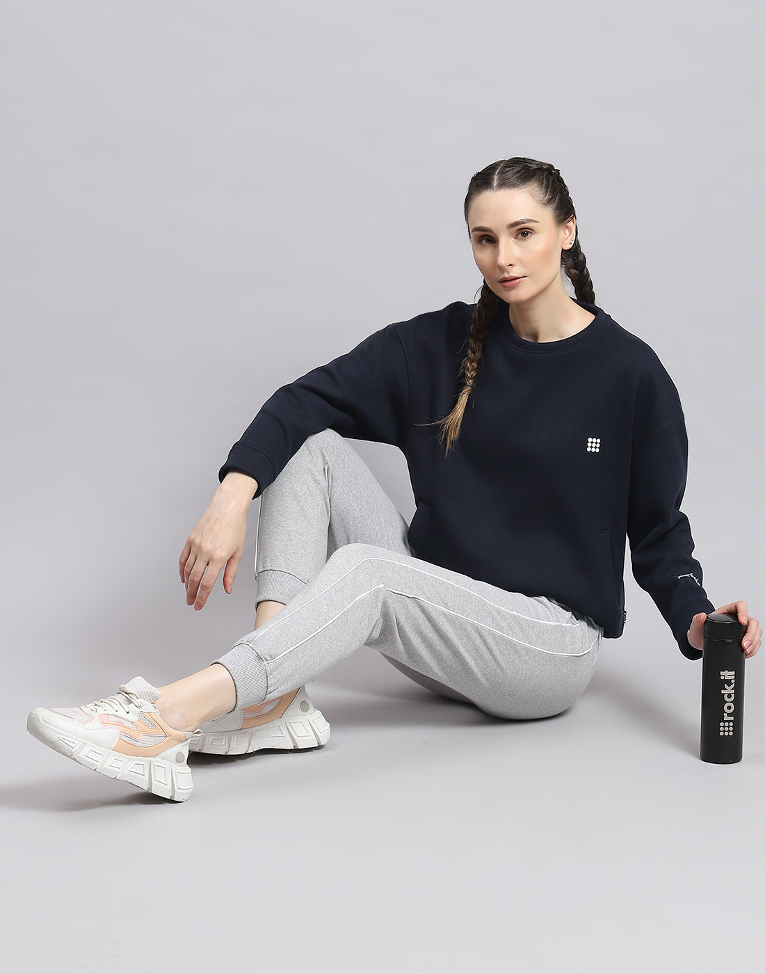 Rock.it Women Navy Blue Solid Round Neck Full Sleeve Sweatshirt