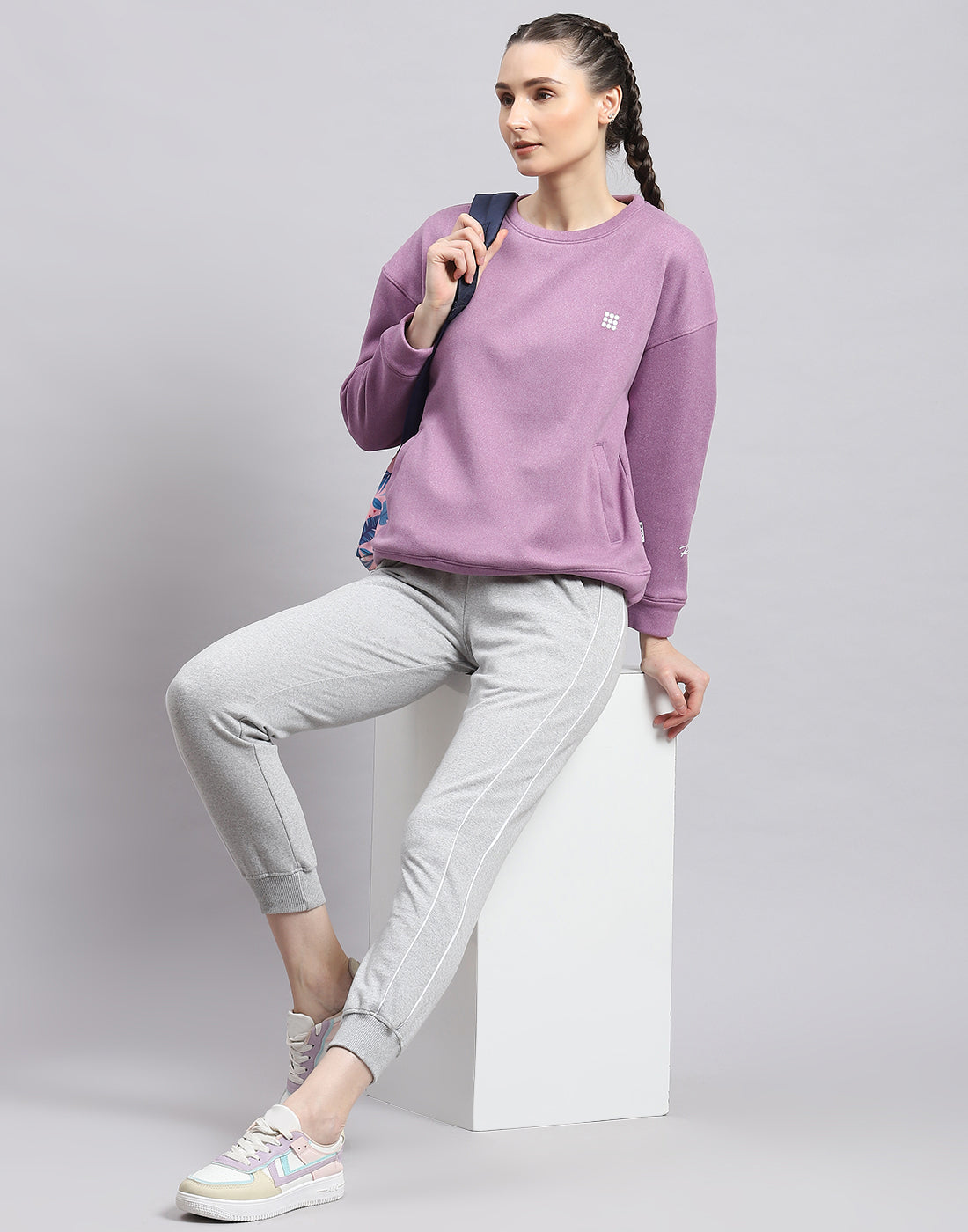 Rock.it Women Purple Solid Round Neck Full Sleeve Sweatshirt