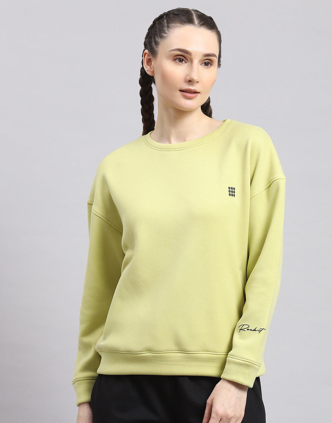 Rock.it Women Green Solid Round Neck Full Sleeve Sweatshirt