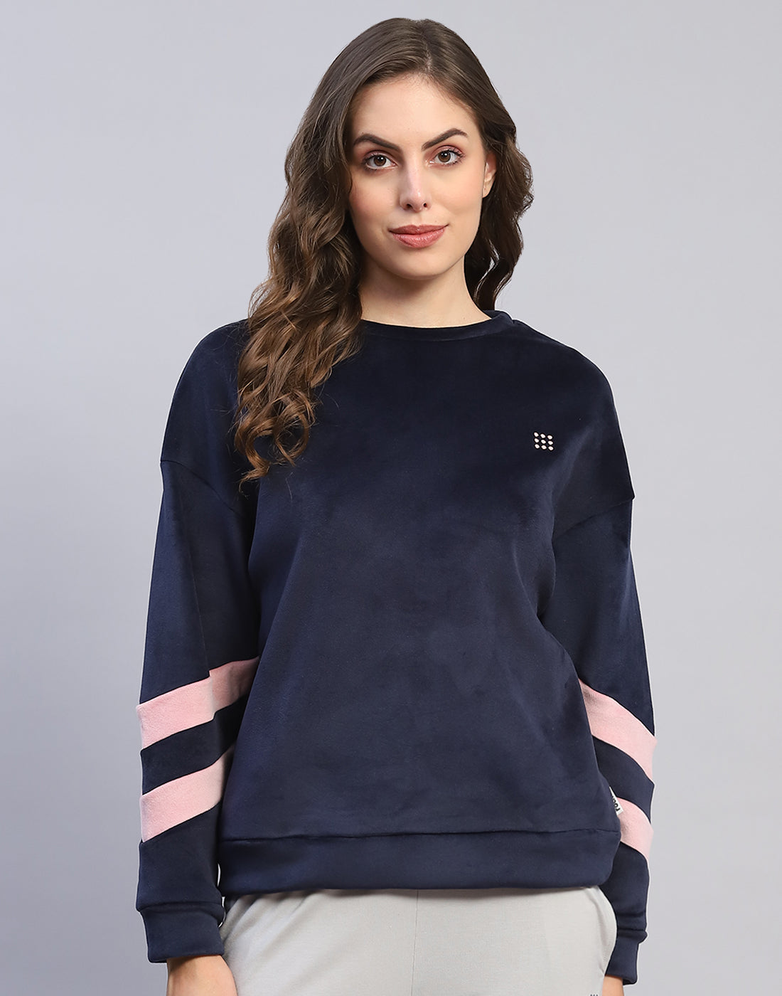Rock.it Women Navy Blue Solid Round Neck Full Sleeve Sweatshirt