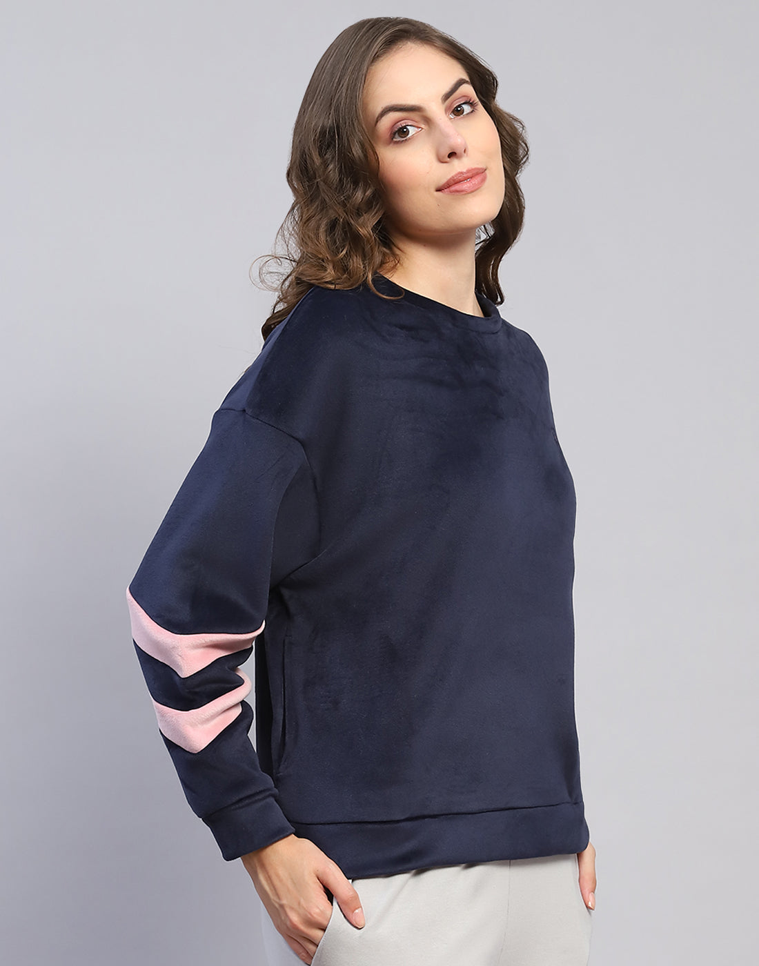 Rock.it Women Navy Blue Solid Round Neck Full Sleeve Sweatshirt