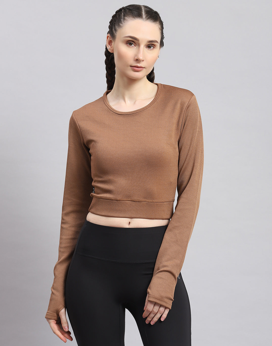 Rock.it Women Brown Solid Round Neck Full Sleeve Sweatshirt