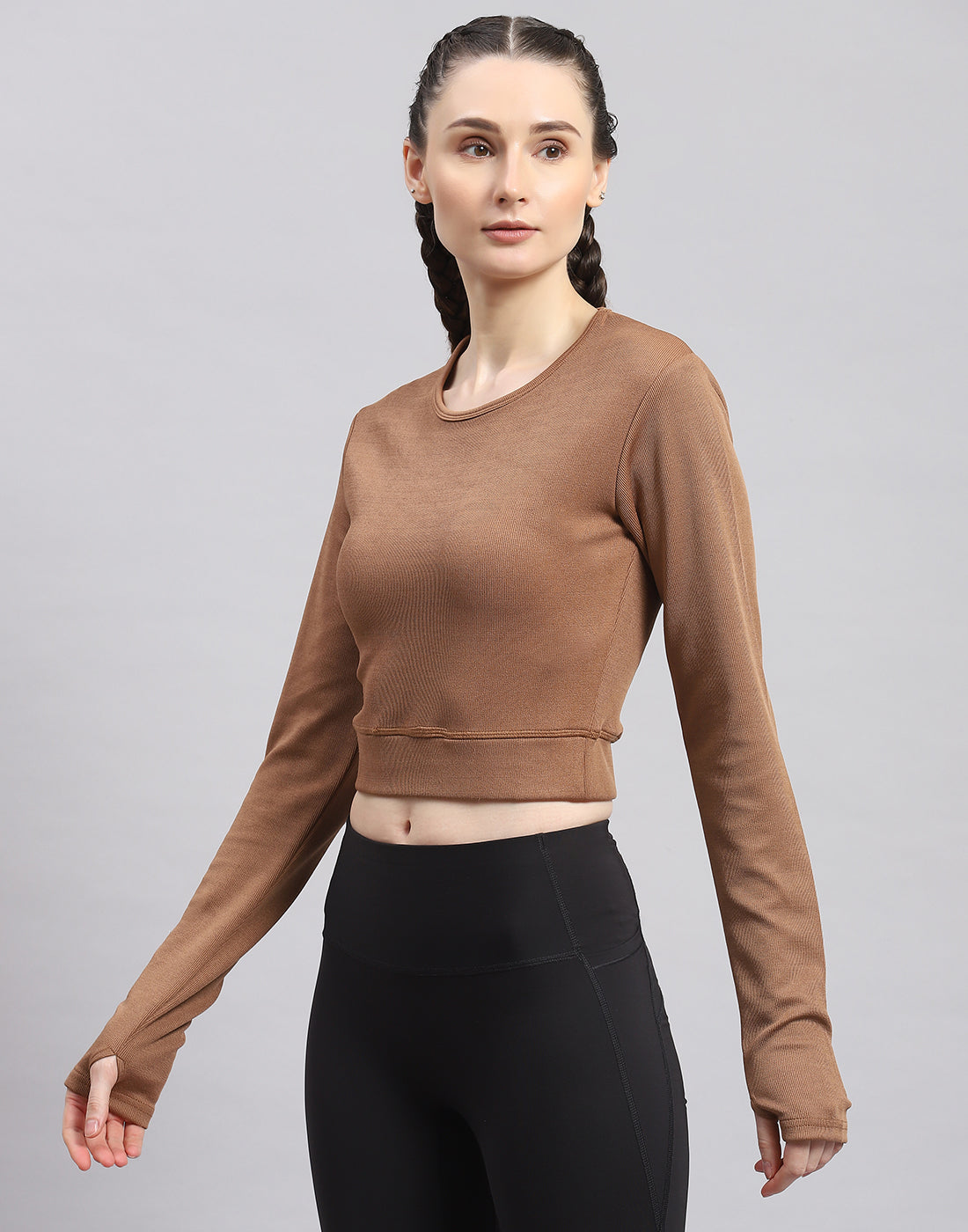 Rock.it Women Brown Solid Round Neck Full Sleeve Sweatshirt