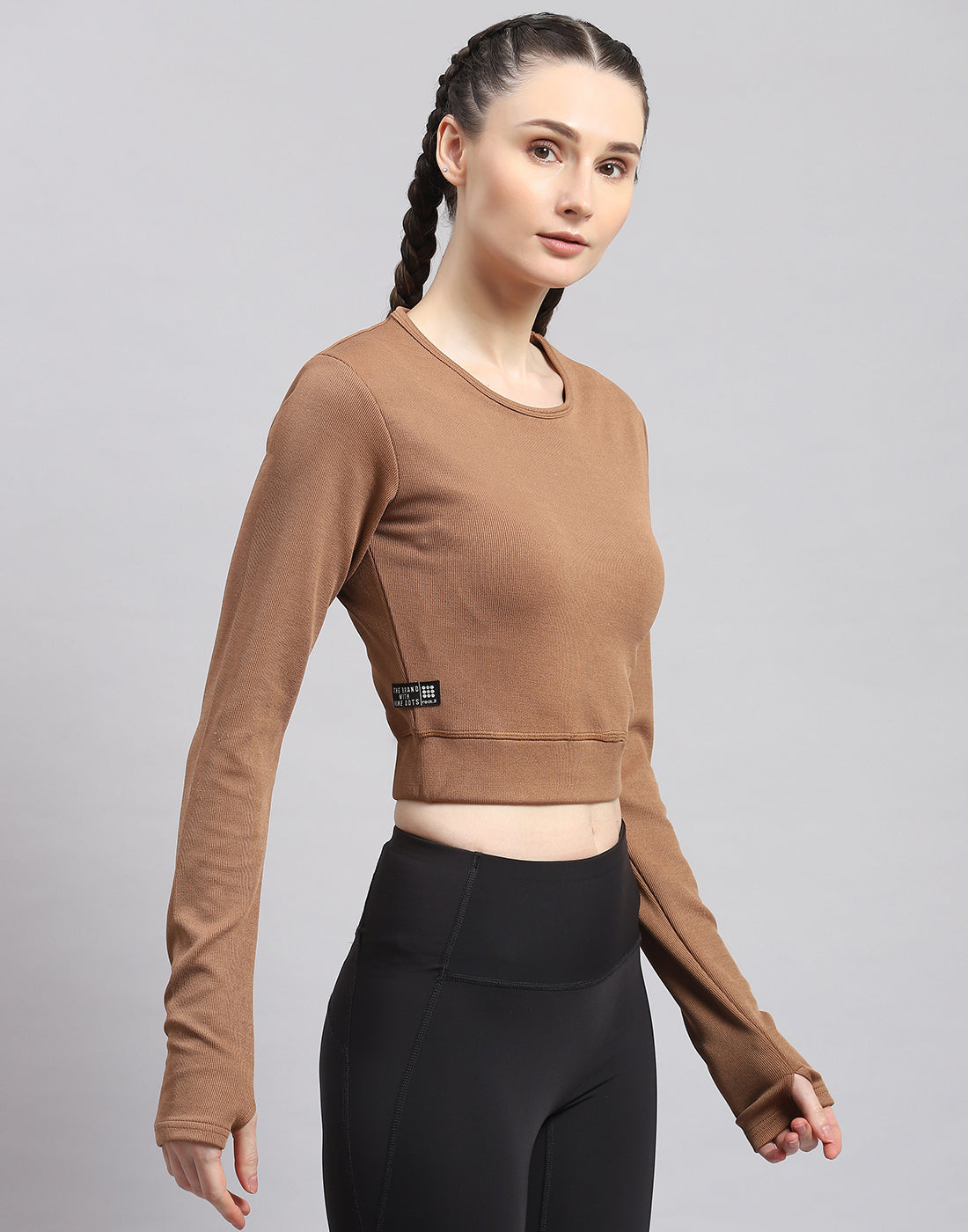 Rock.it Women Brown Solid Round Neck Full Sleeve Sweatshirt