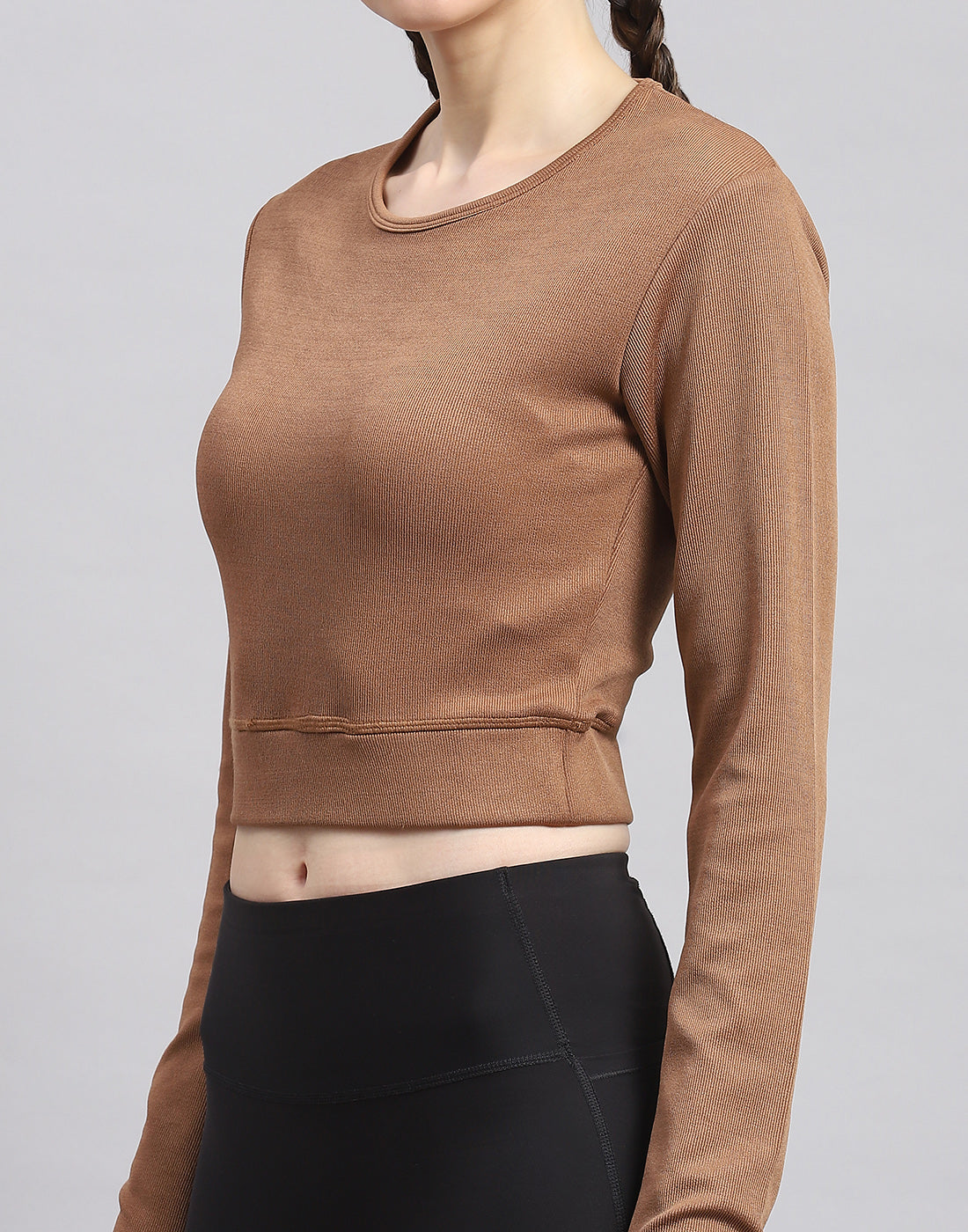 Women Brown Solid Round Neck Full Sleeve Sweatshirt