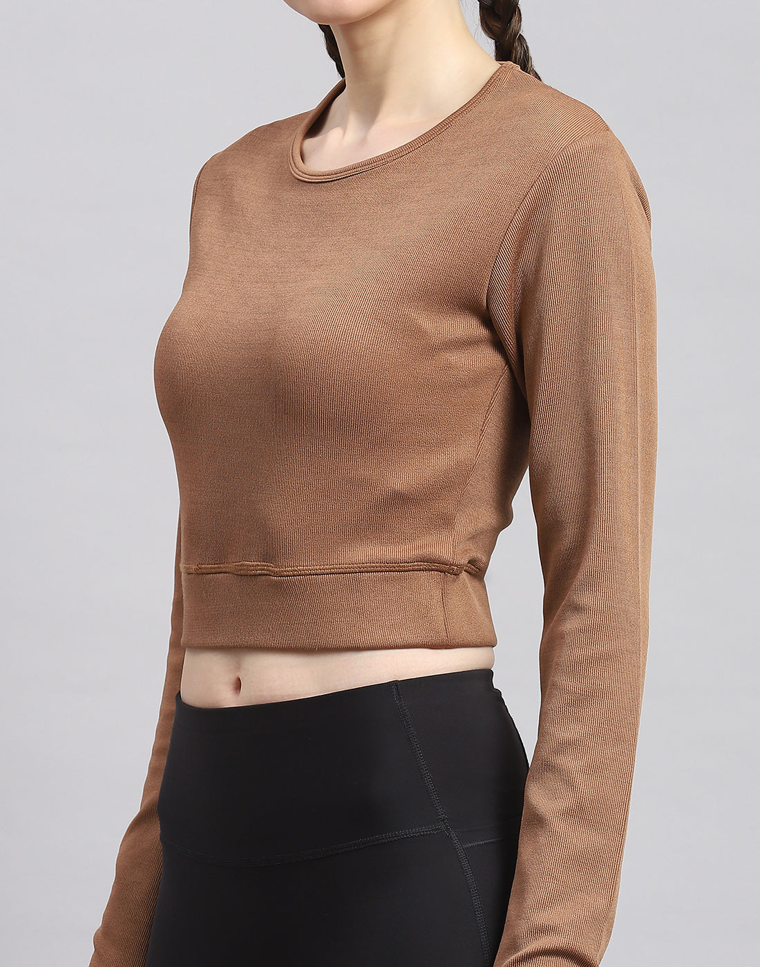 Rock.it Women Brown Solid Round Neck Full Sleeve Sweatshirt