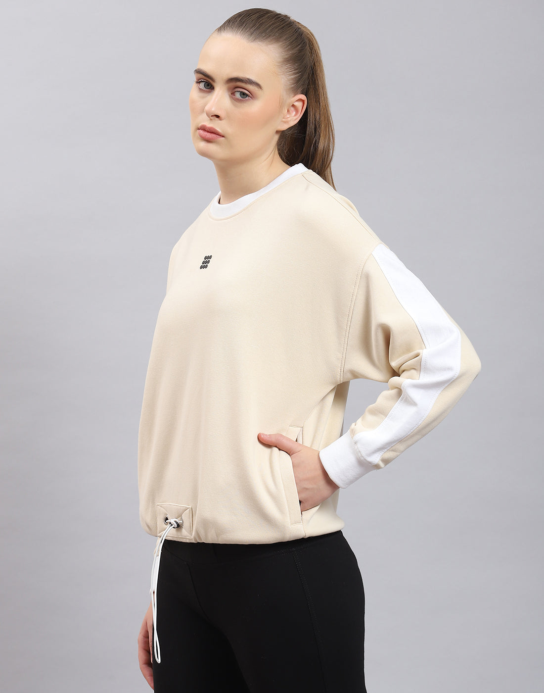 Rock.it Women Beige Solid Round Neck Full Sleeve Sweatshirt