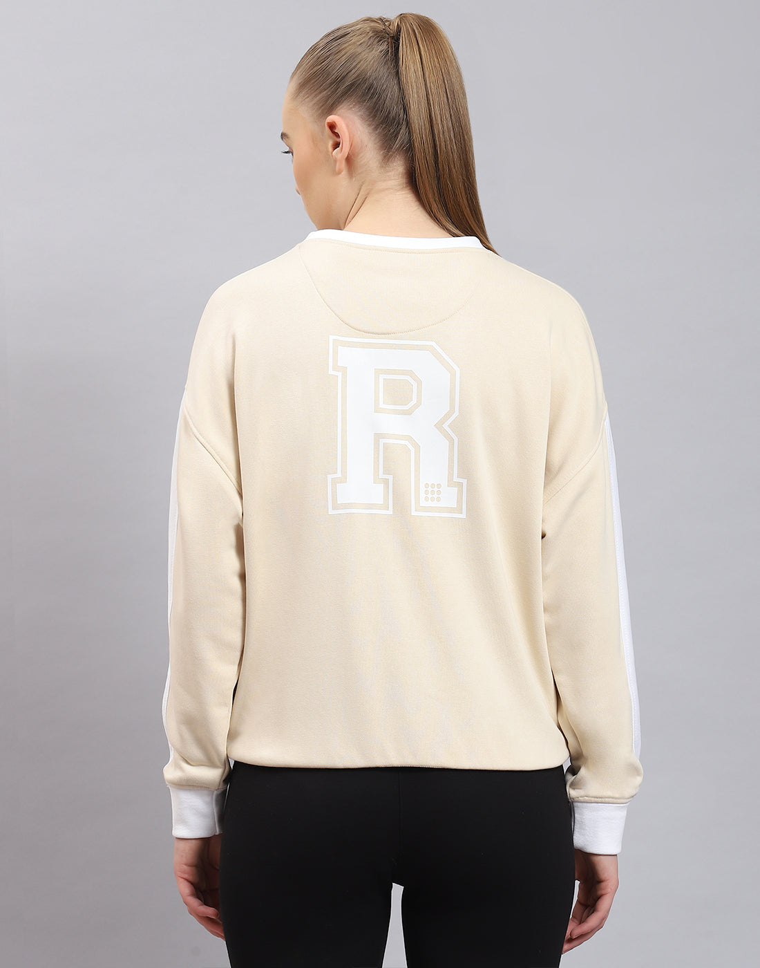 Rock.it Women Beige Solid Round Neck Full Sleeve Sweatshirt
