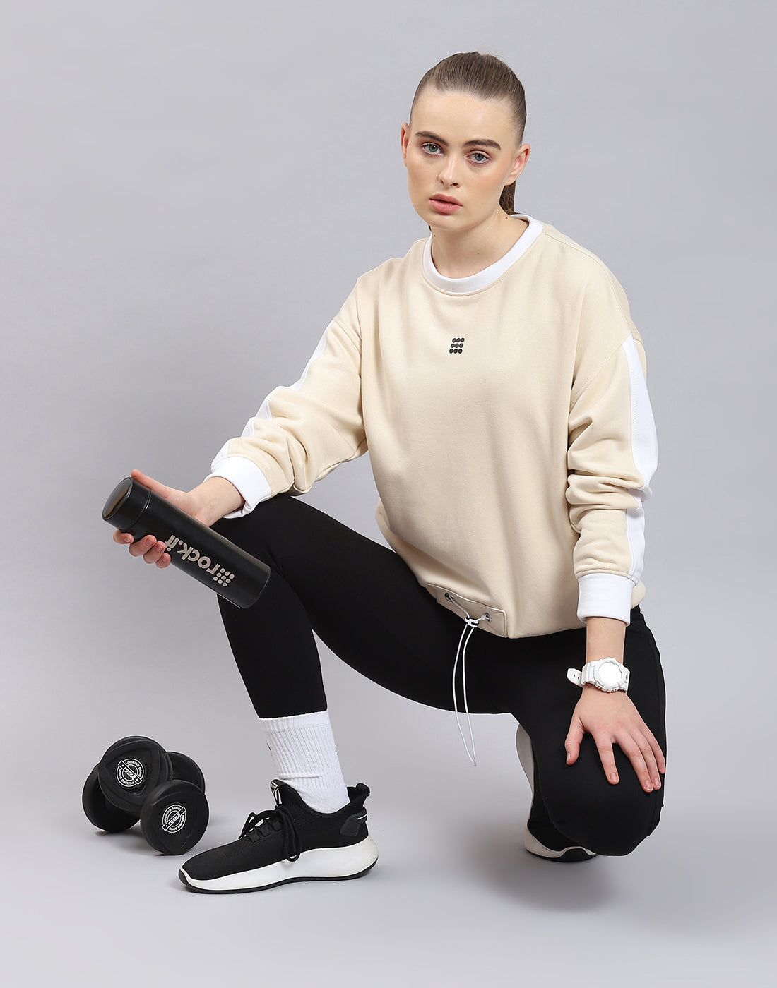 Rock.it Women Beige Solid Round Neck Full Sleeve Sweatshirt