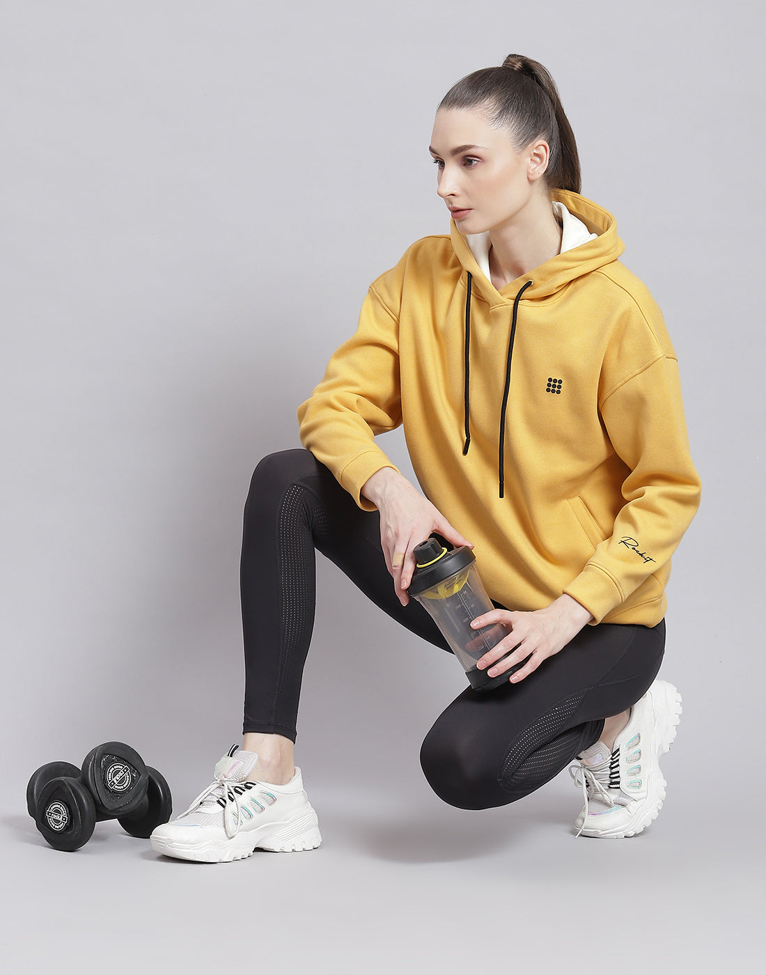 Rock.it Women Yellow Solid Hooded Full Sleeve Sweatshirt