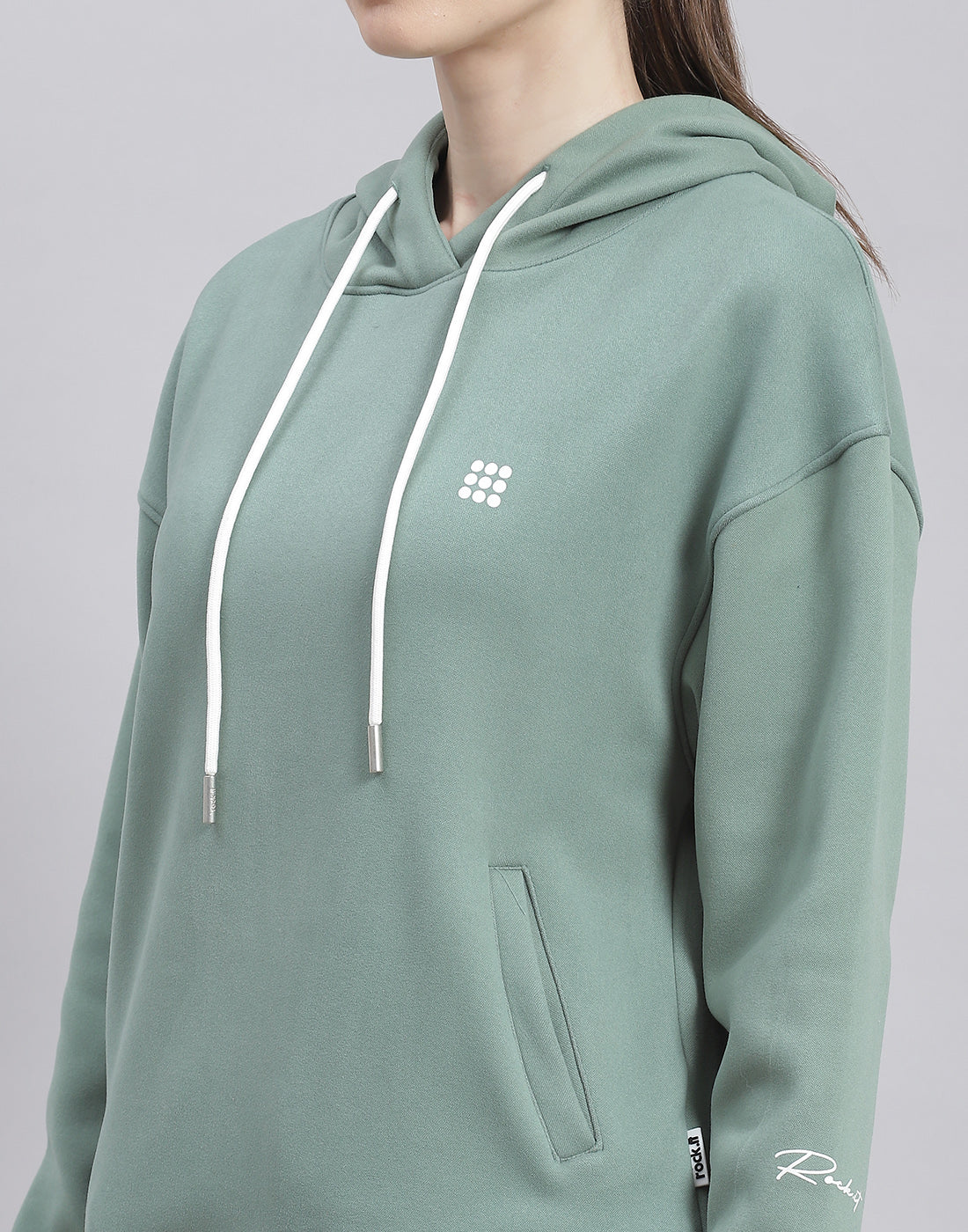 Rock.it Women Green Solid Hooded Full Sleeve Sweatshirt