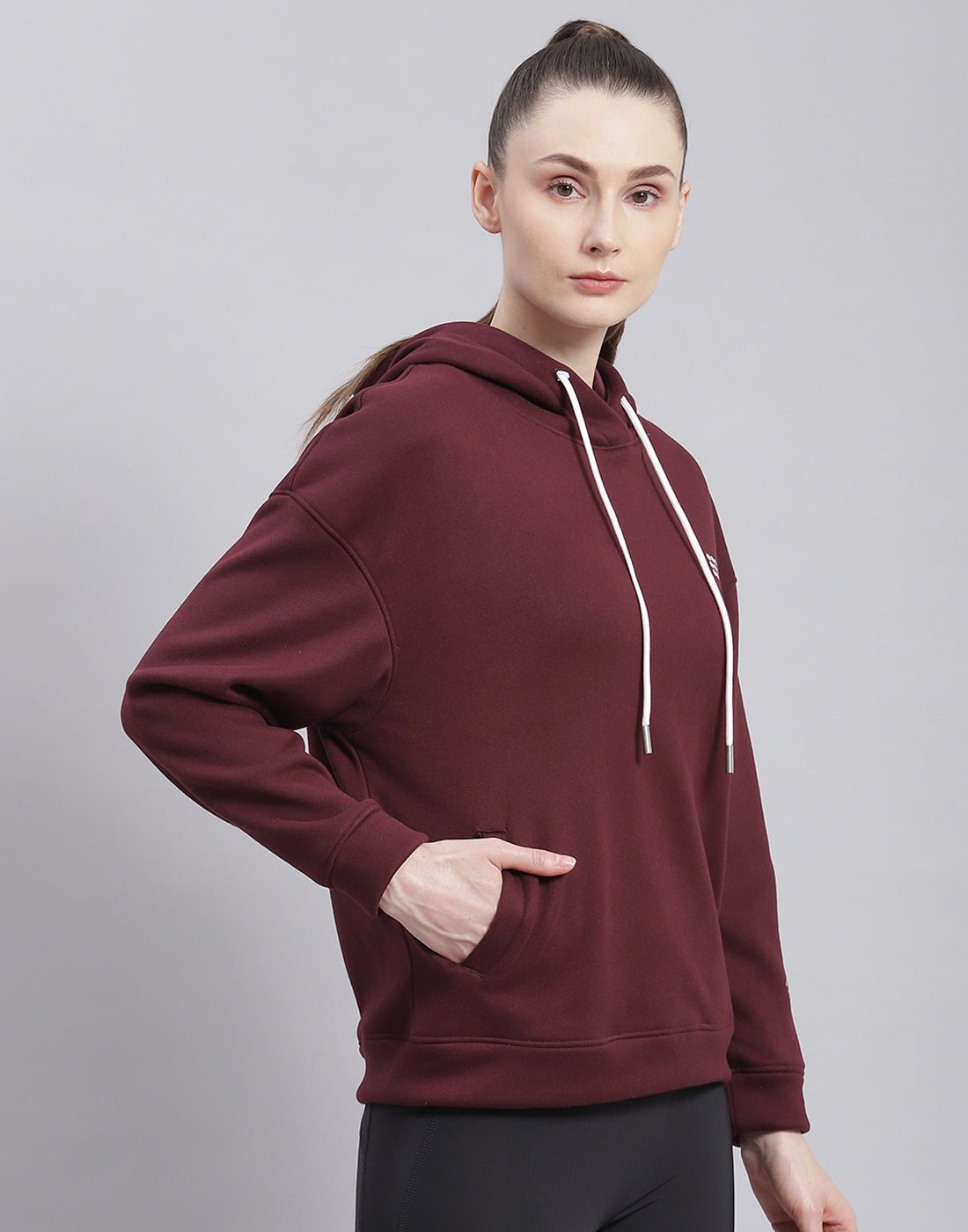 Rock.it Women Maroon Solid Hooded Full Sleeve Sweatshirt