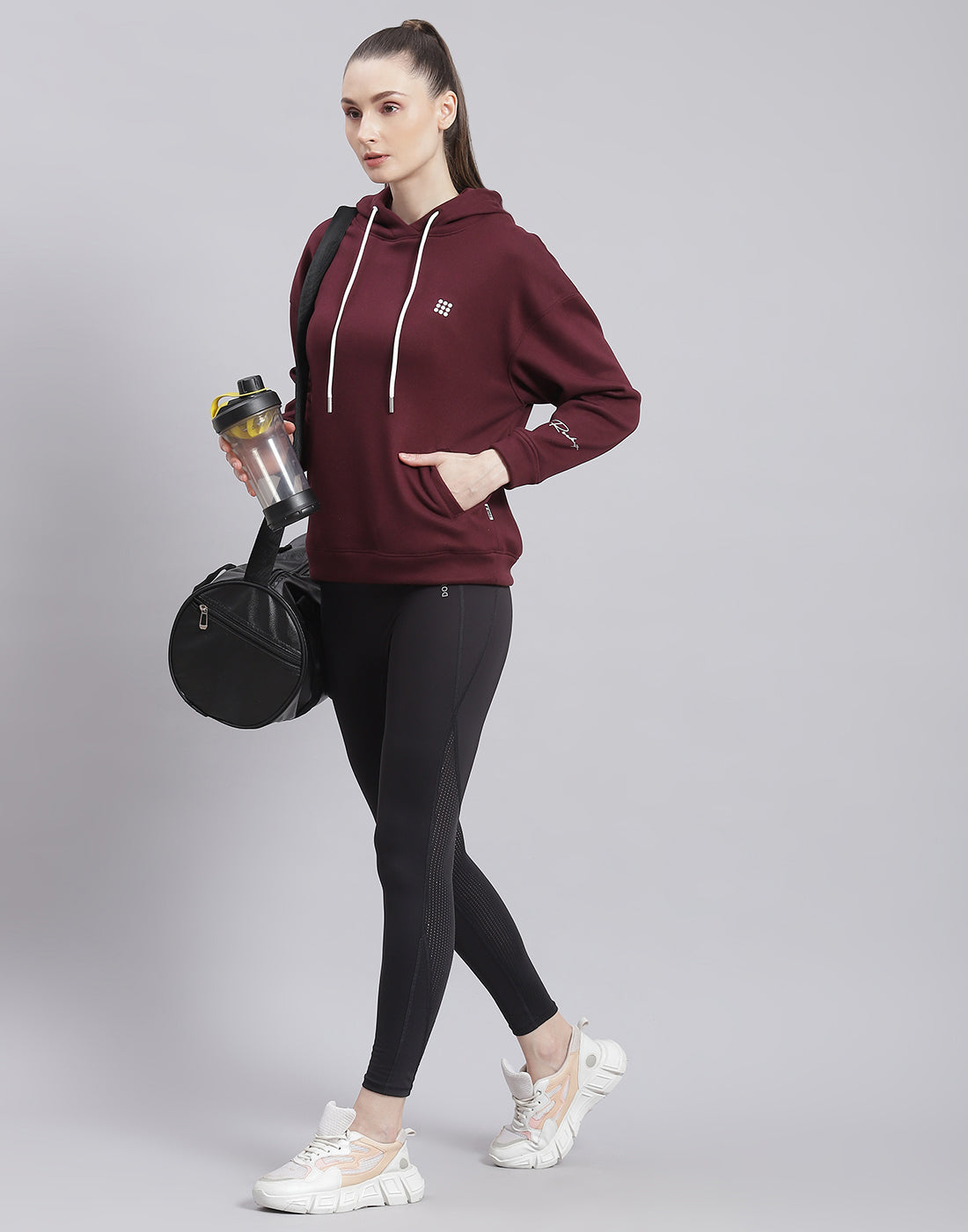 Rock.it Women Maroon Solid Hooded Full Sleeve Sweatshirt