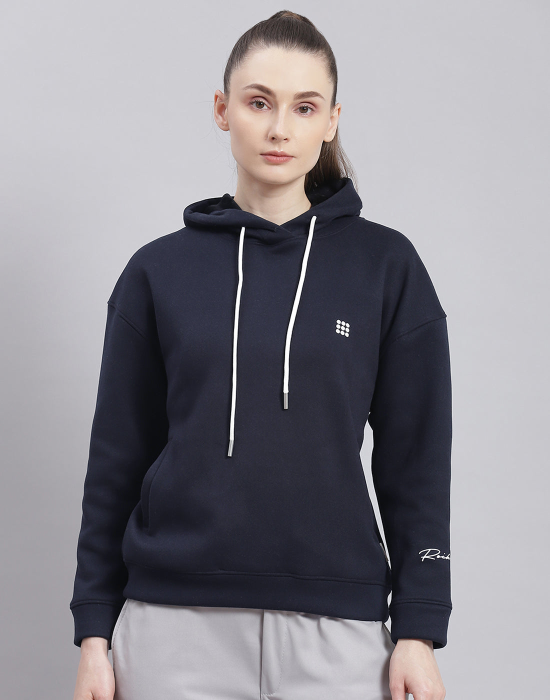 Rock.it Women Navy Blue Solid Hooded Full Sleeve Sweatshirt
