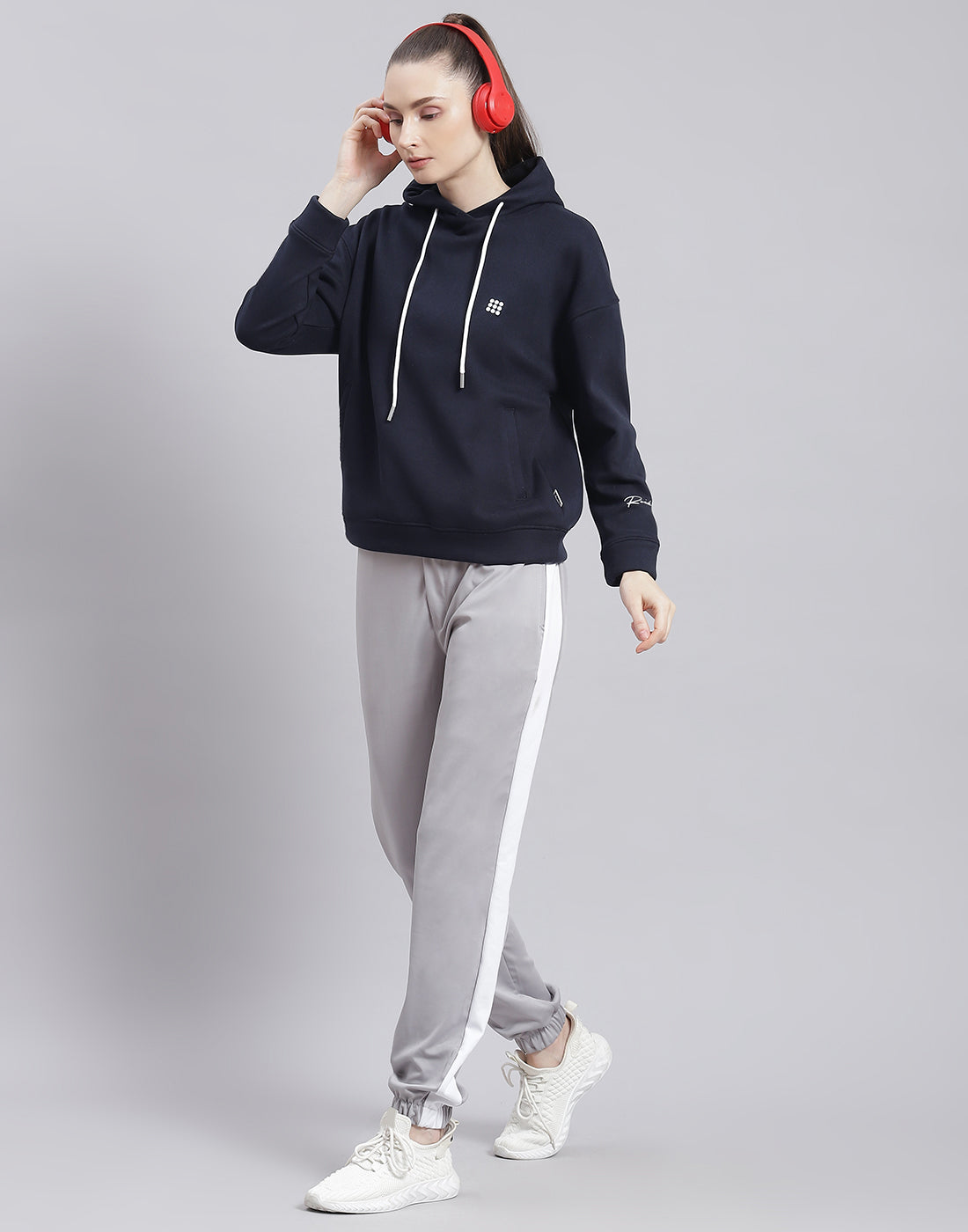 Rock.it Women Navy Blue Solid Hooded Full Sleeve Sweatshirt
