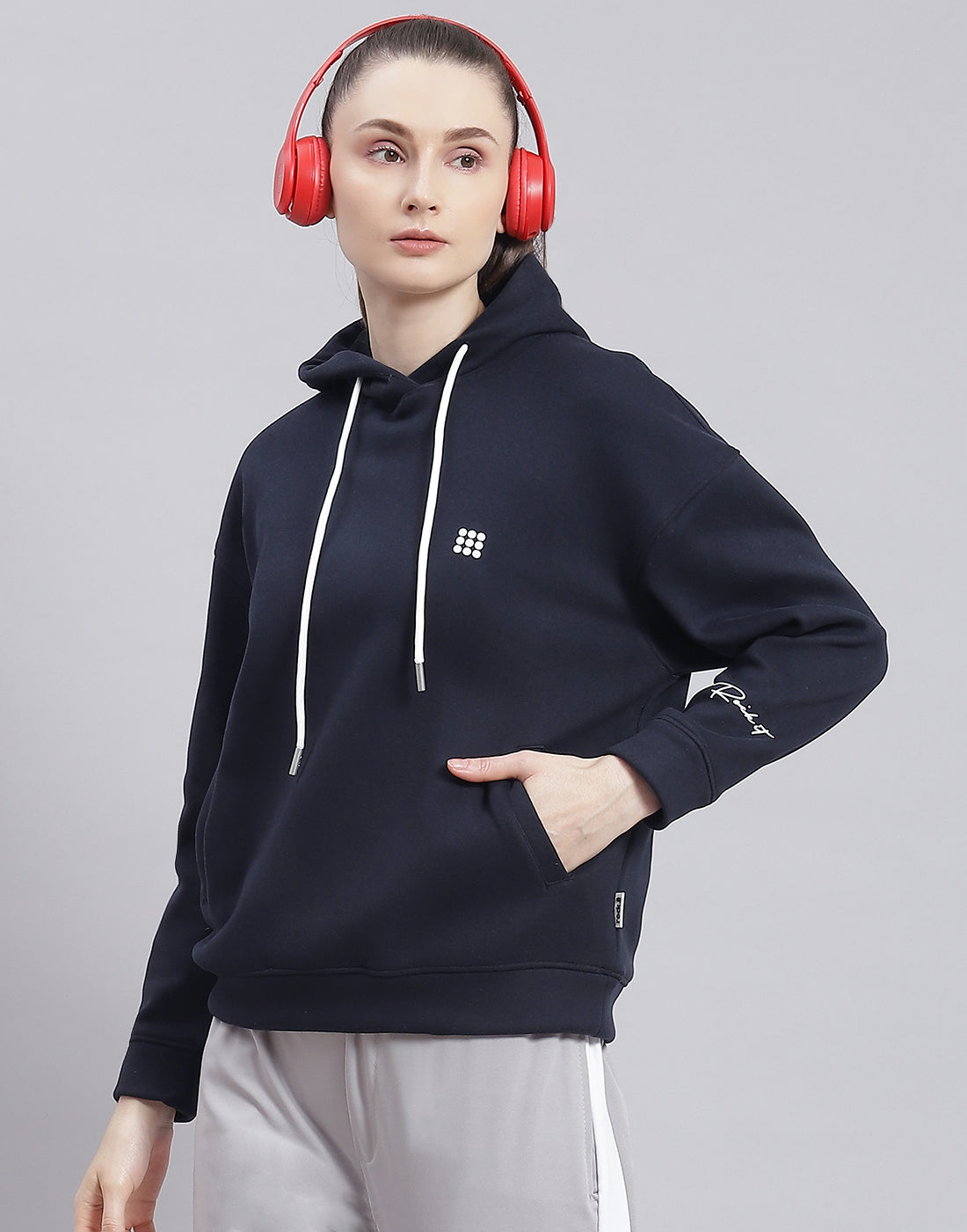 Rock.it Women Navy Blue Solid Hooded Full Sleeve Sweatshirt