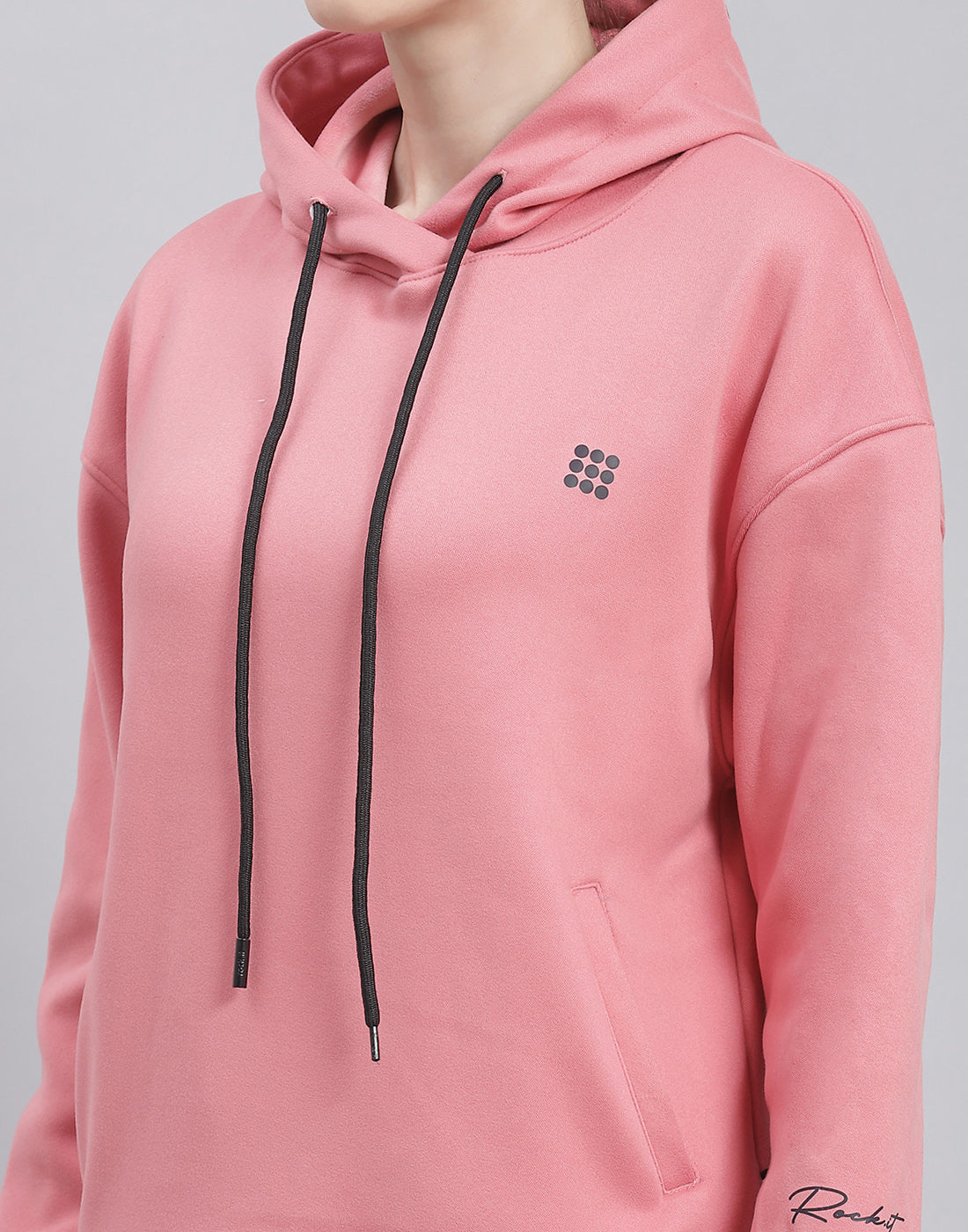 Rock.it Women Pink Solid Hooded Full Sleeve Sweatshirt