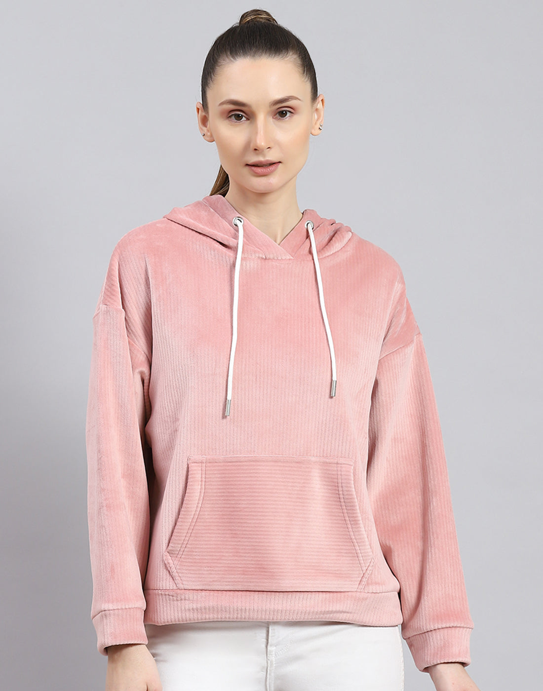 Rock.it Women Peach Solid Hooded Full Sleeve Sweatshirt