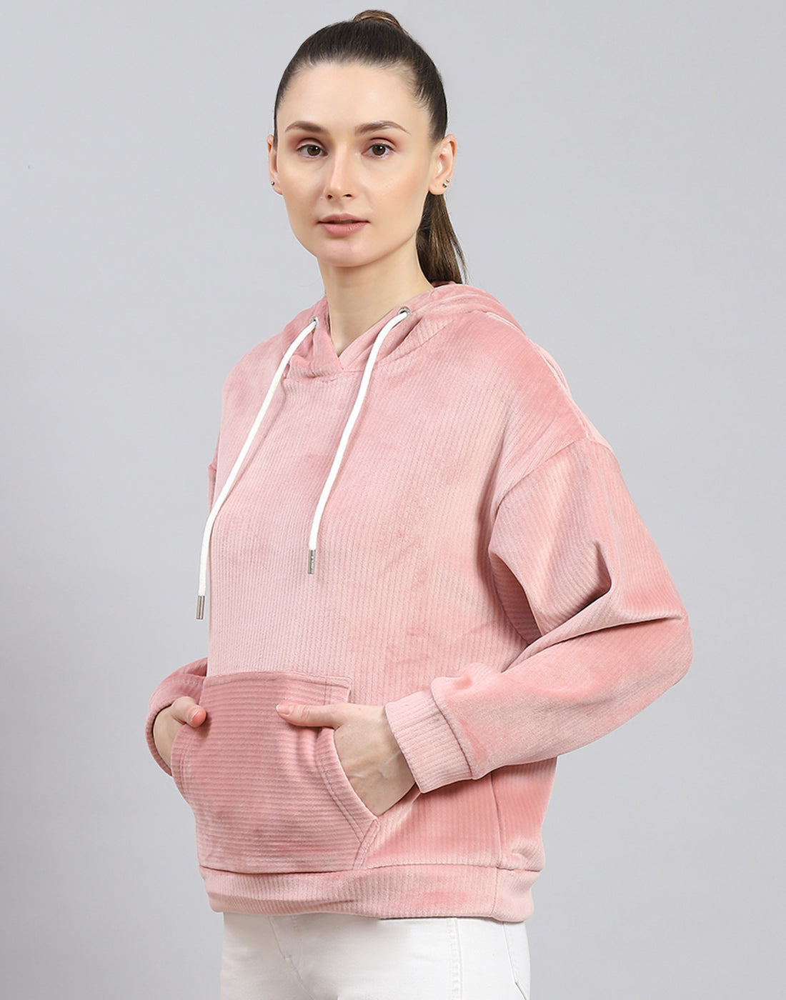 Rock.it Women Peach Solid Hooded Full Sleeve Sweatshirt