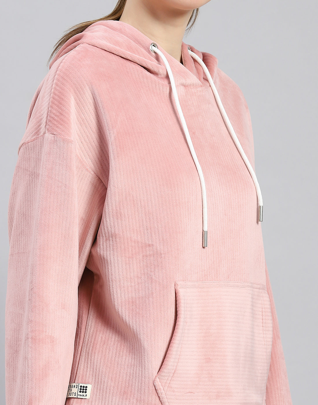Rock.it Women Peach Solid Hooded Full Sleeve Sweatshirt