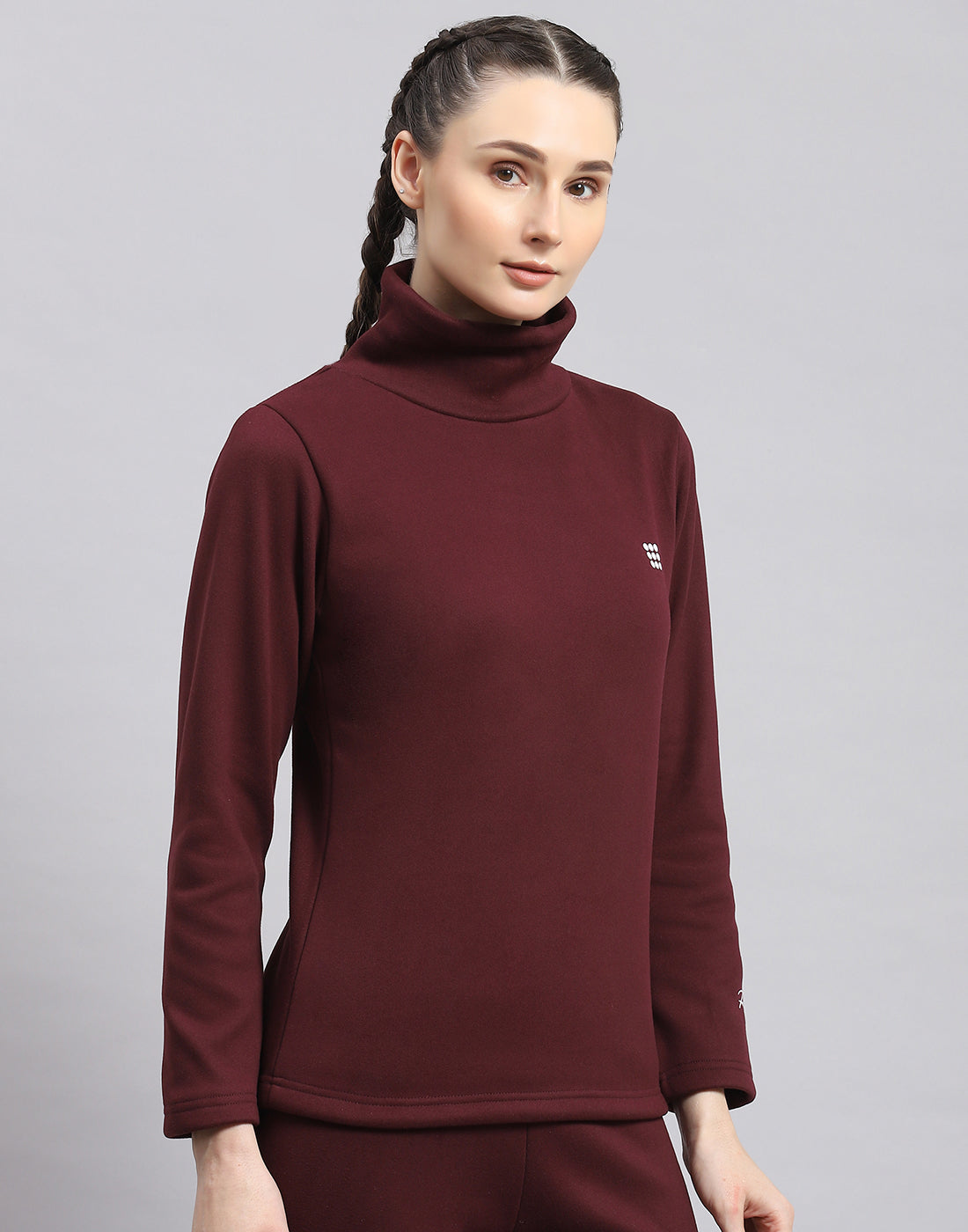 Rock.it Women Maroon Solid T Neck Full Sleeve Sweatshirt