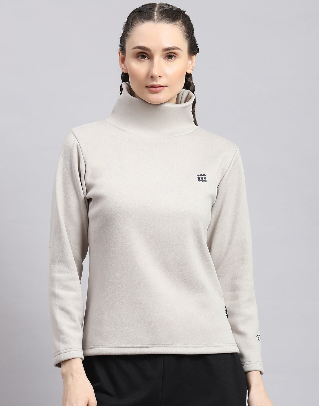Rock.it Women Grey Solid T Neck Full Sleeve Sweatshirt