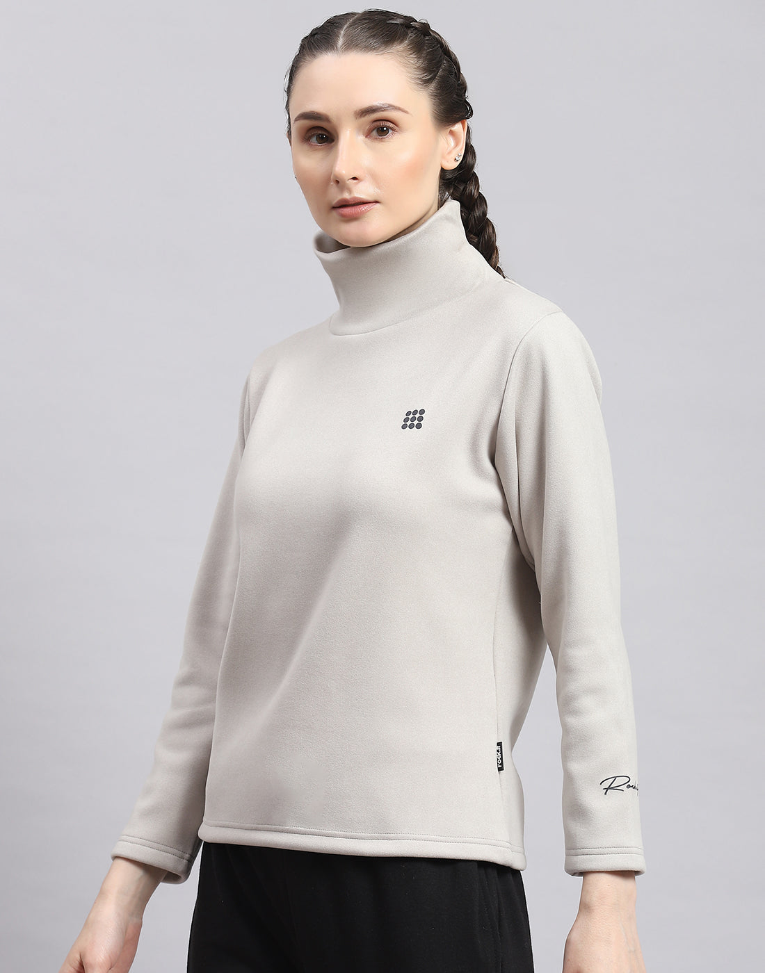 Rock.it Women Grey Solid T Neck Full Sleeve Sweatshirt