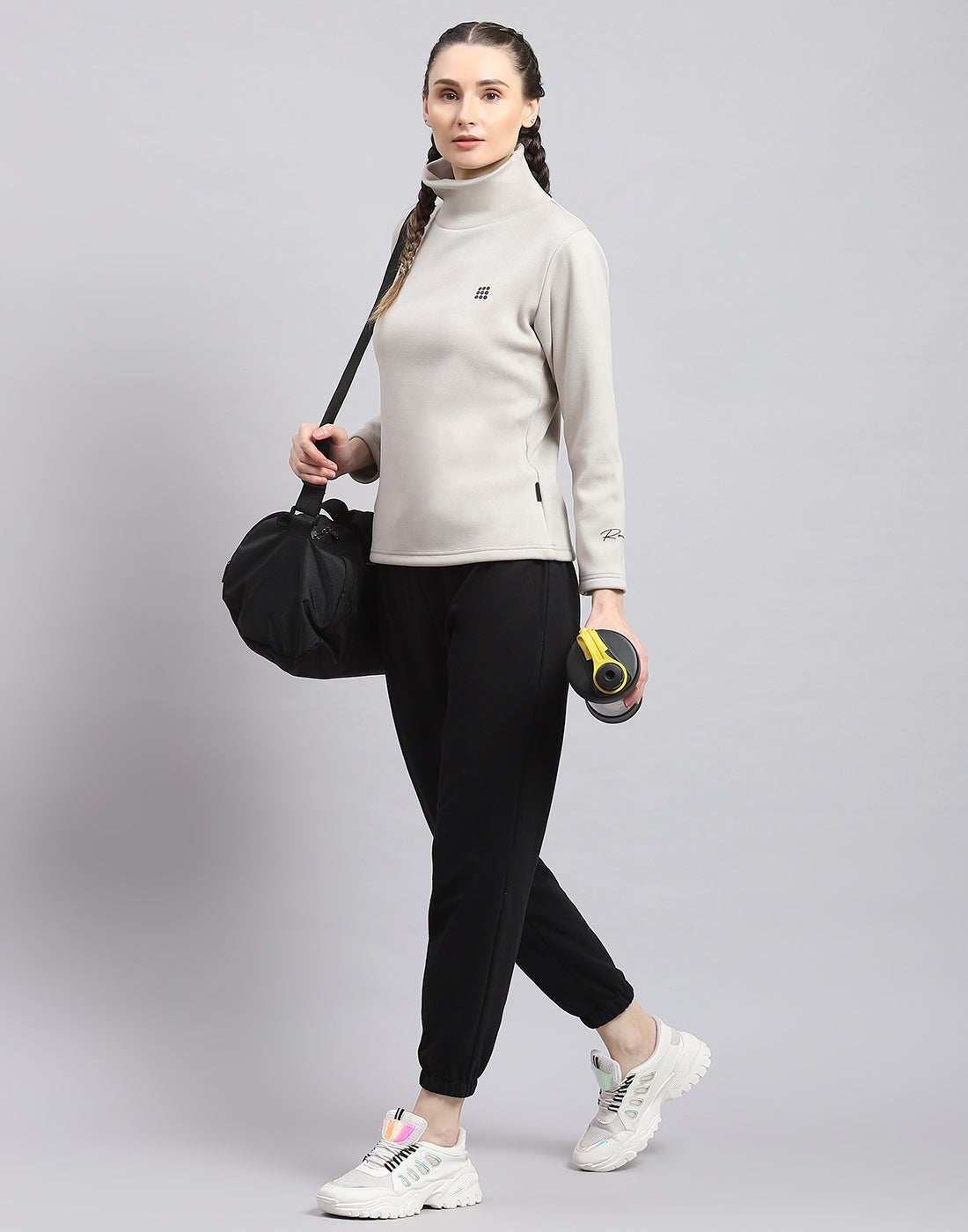 Rock.it Women Grey Solid T Neck Full Sleeve Sweatshirt