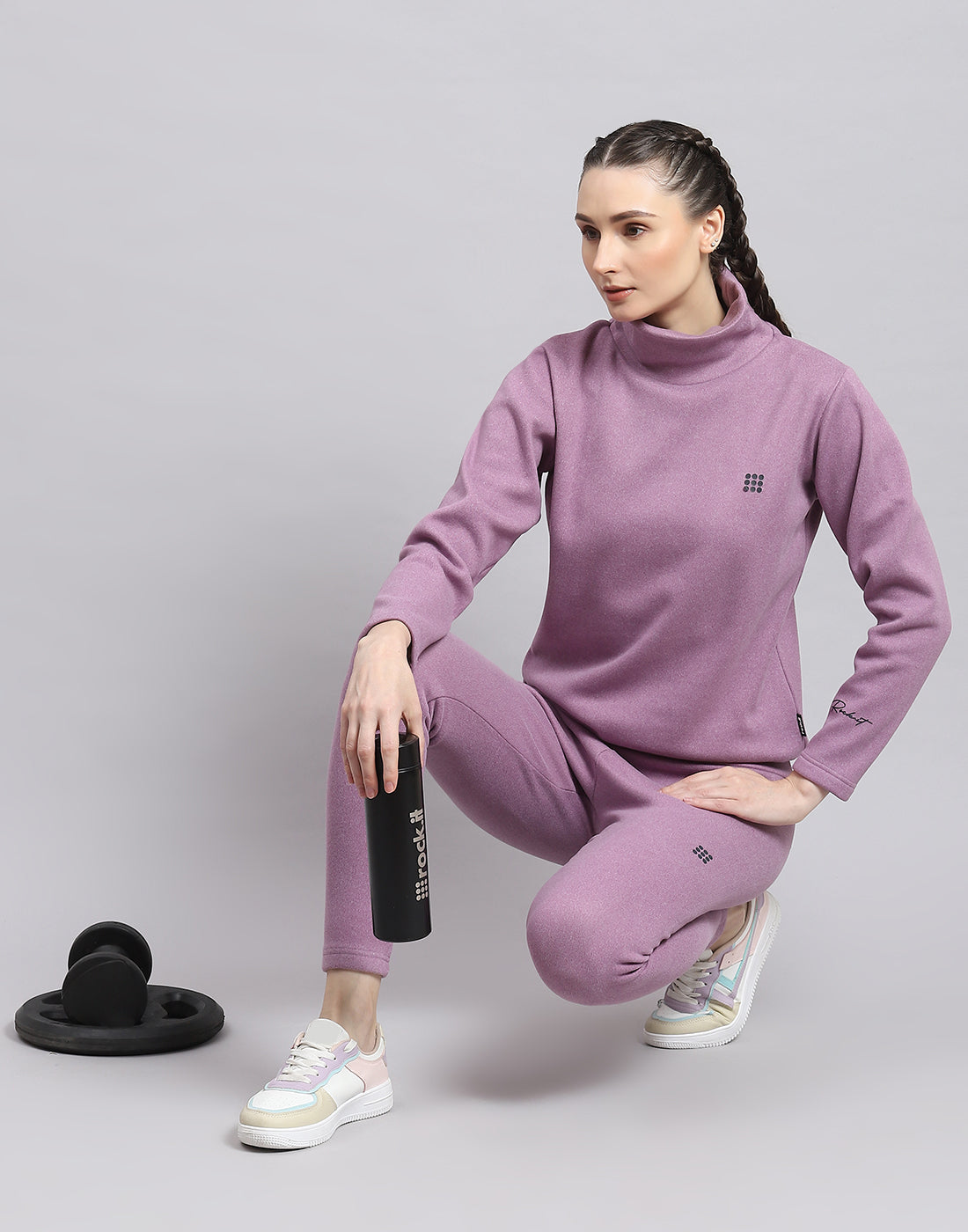 Rock.it Women Purple Solid T Neck Full Sleeve Sweatshirt