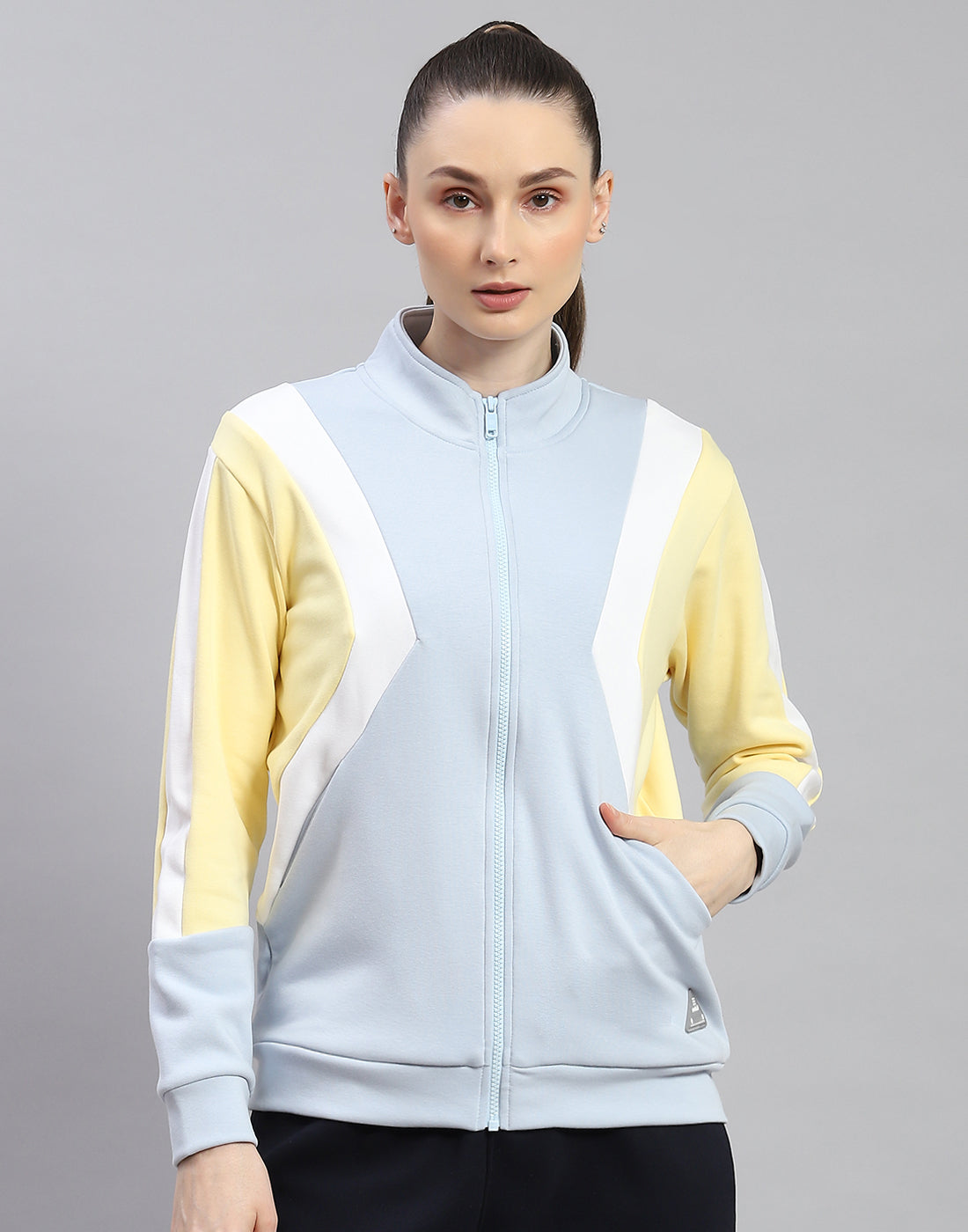 Rock.it Women Blue Solid Stand Collar Full Sleeve Sweatshirt