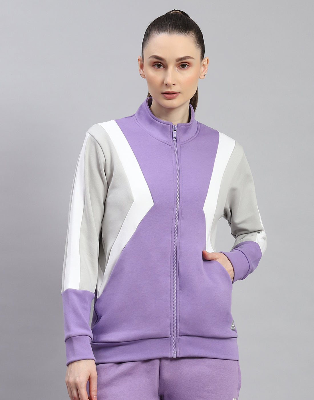 Rock.it Women Purple Solid Stand Collar Full Sleeve Sweatshirt