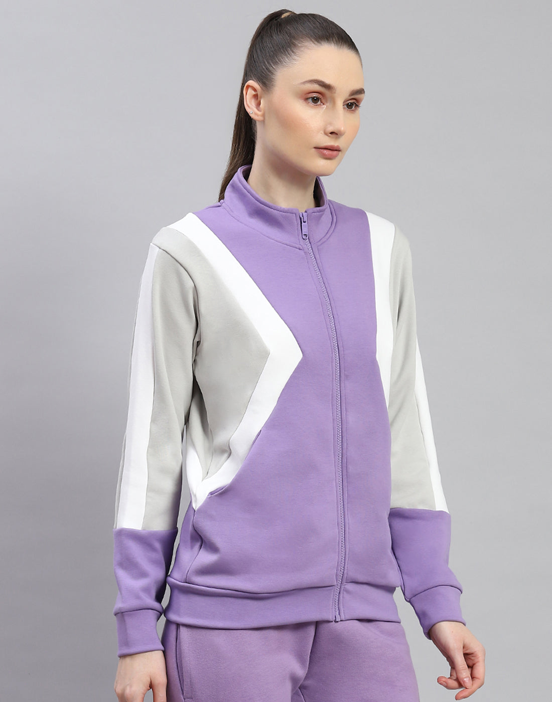 Rock.it Women Purple Solid Stand Collar Full Sleeve Sweatshirt